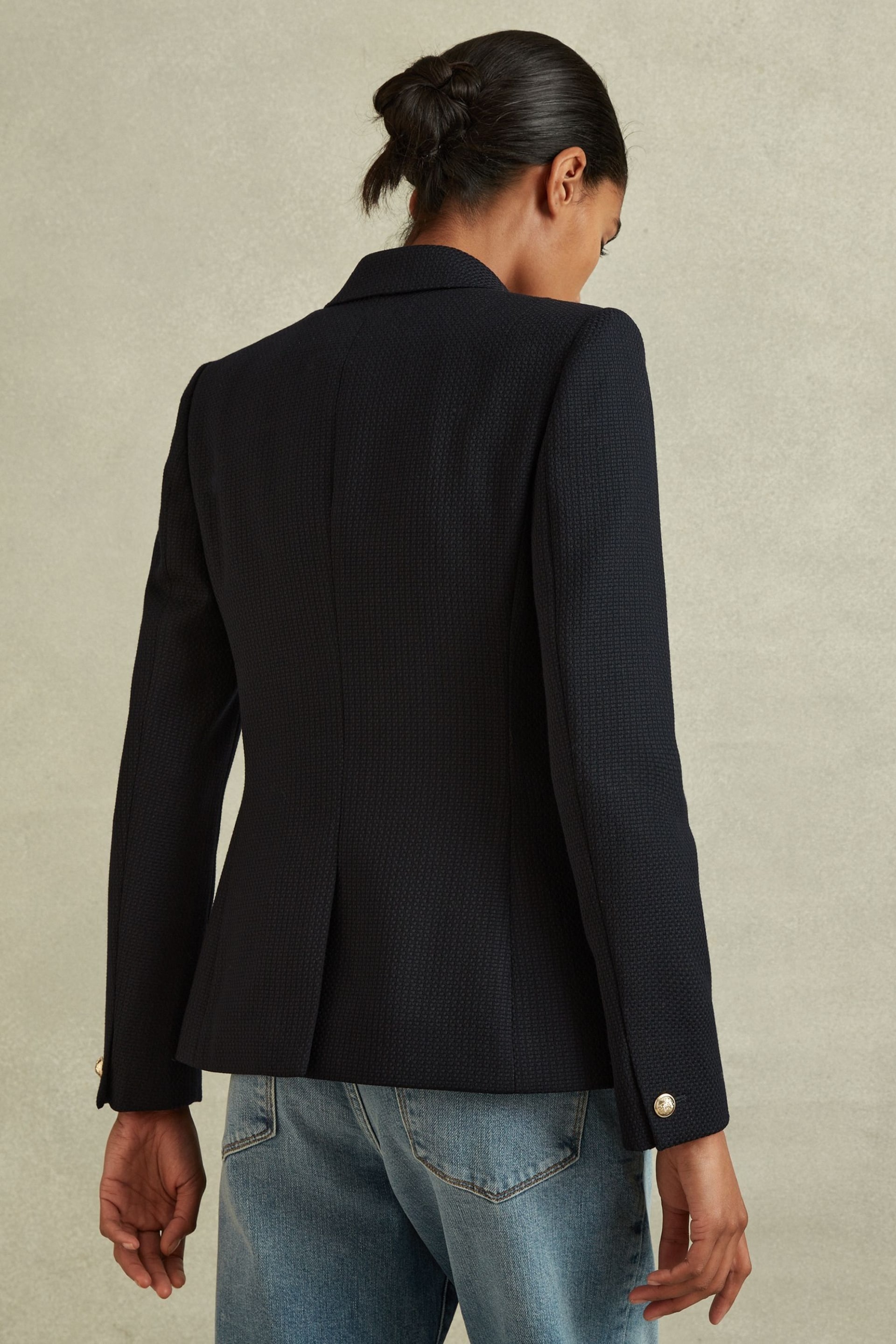 Reiss Navy Tally Petite Tailored Fit Textured Double Breasted Blazer - Image 5 of 7