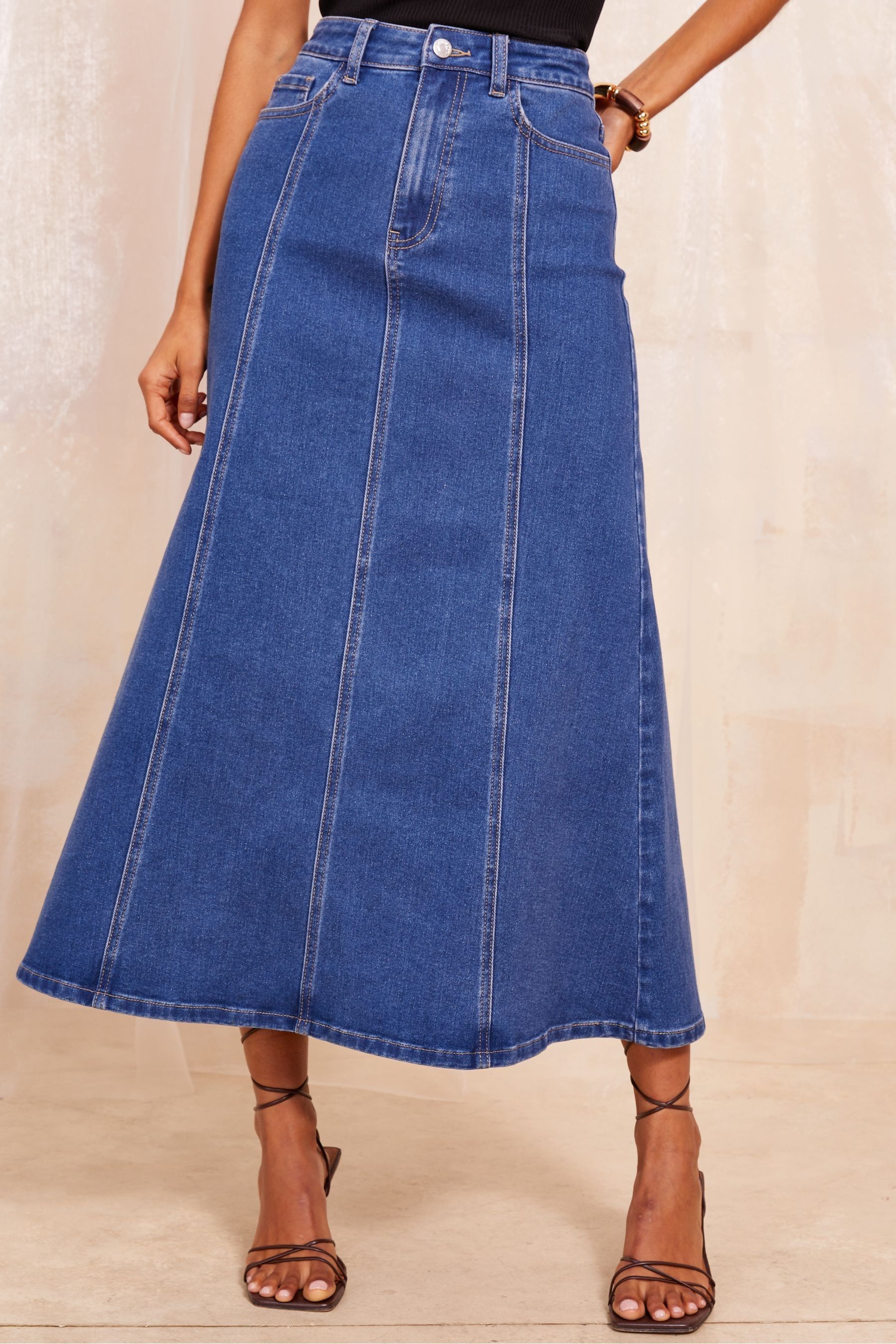 Buy Friends Like These Dark Blue Seam Detail Flared Denim Skirt from Next Luxembourg