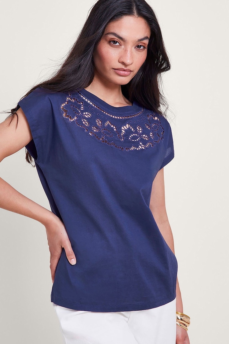 Monsoon Blue Garcia Cutwork 100% Cotton T-Shirt - Image 1 of 4