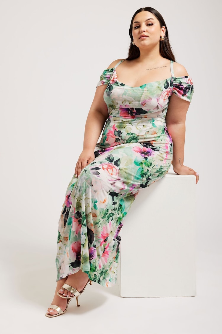 Yours Curve Green London Floral Print Cold Shoulder Dress - Image 1 of 5