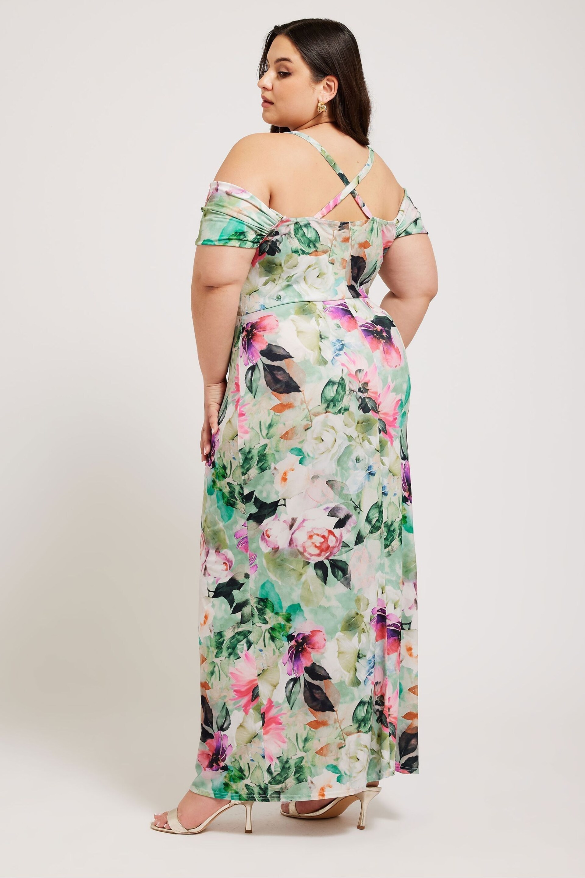 Yours Curve Green London Floral Print Cold Shoulder Dress - Image 3 of 5