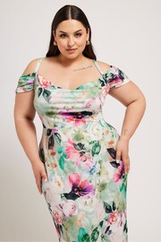 Yours Curve Green London Floral Print Cold Shoulder Dress - Image 4 of 5