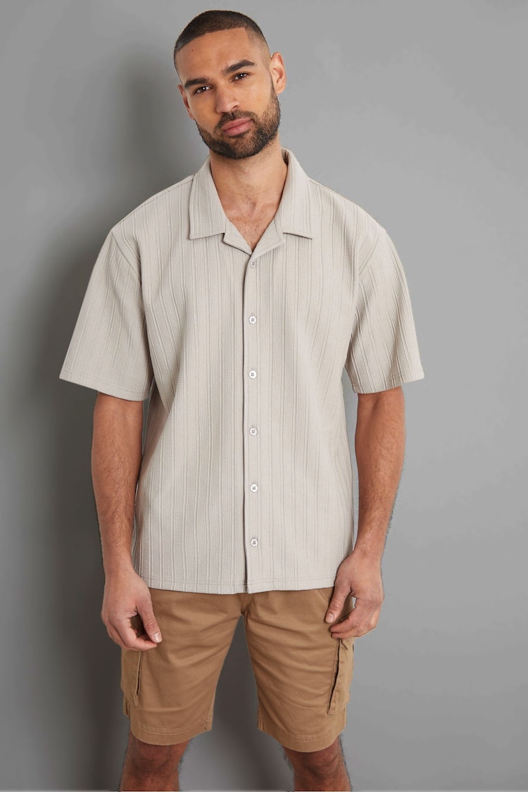 Threadbare Cream/ Brown Textured Revere Collar 100% Cotton Short Sleeve Shirt - Image 1 of 4