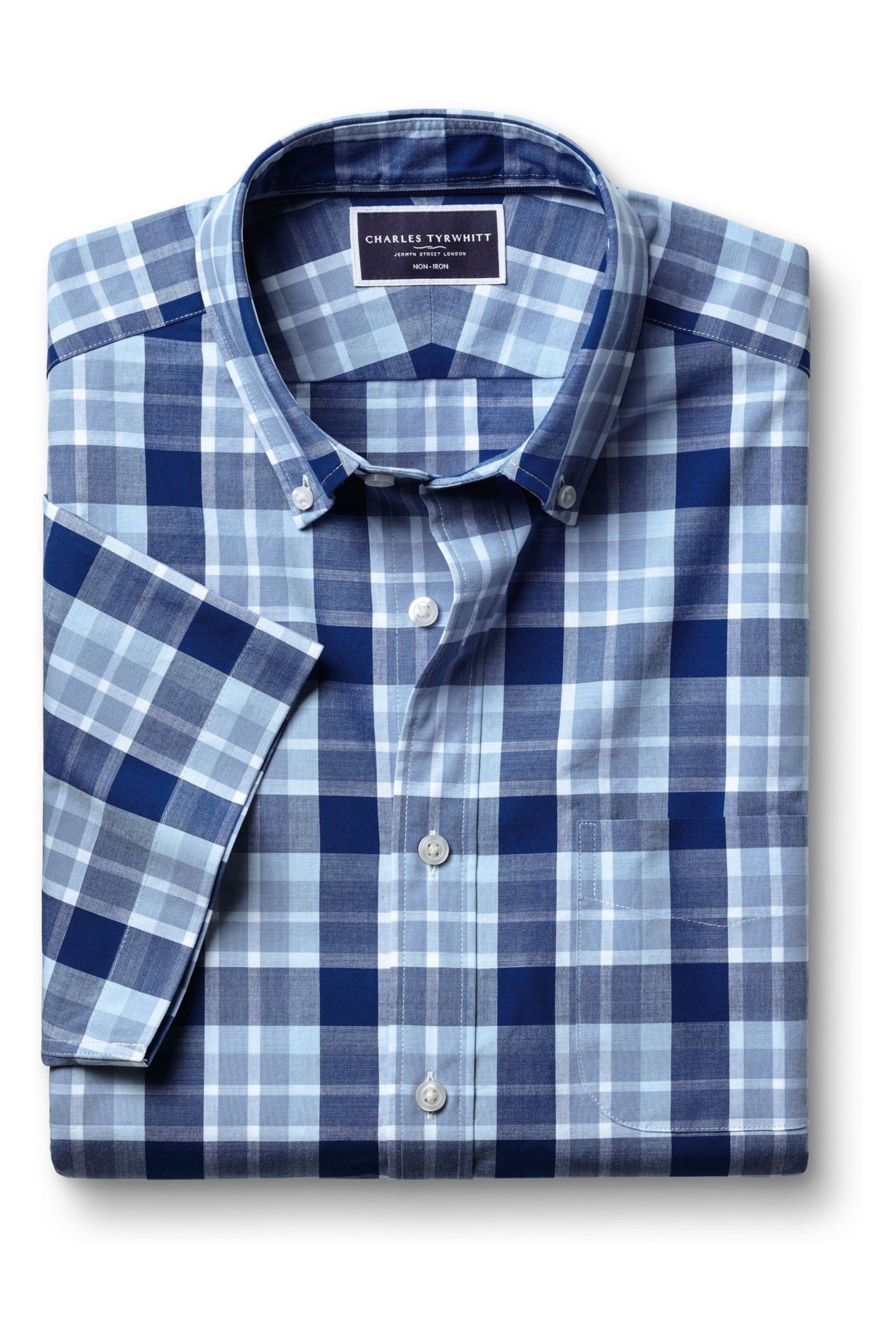 Charles Tyrwhitt Blue Check Short Sleeve Noniron Stretch Poplin Slub Shirt - Image 3 of 5