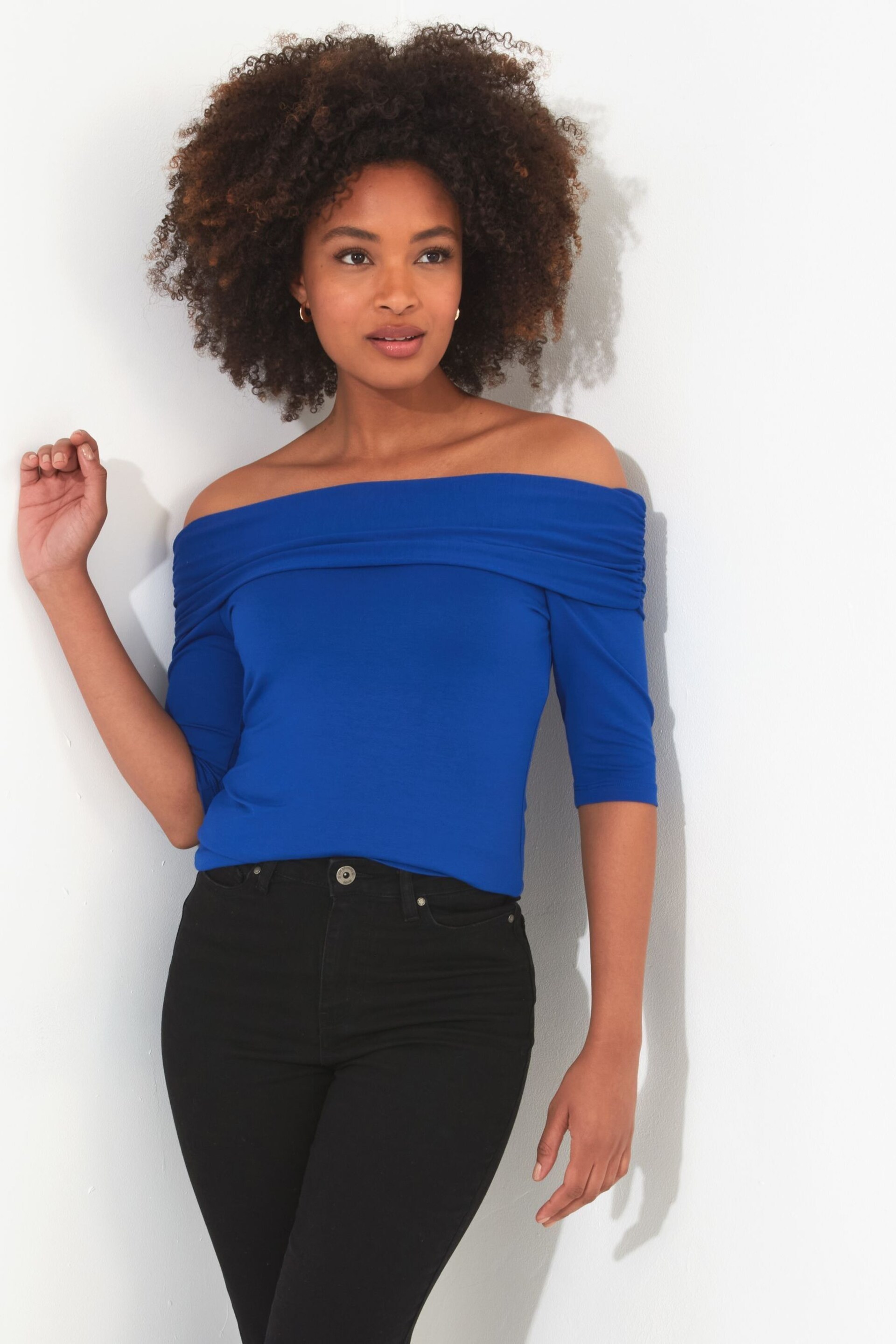 Joe Browns Blue Slim Fit Fold Over Bardot Jersey Top - Image 1 of 4