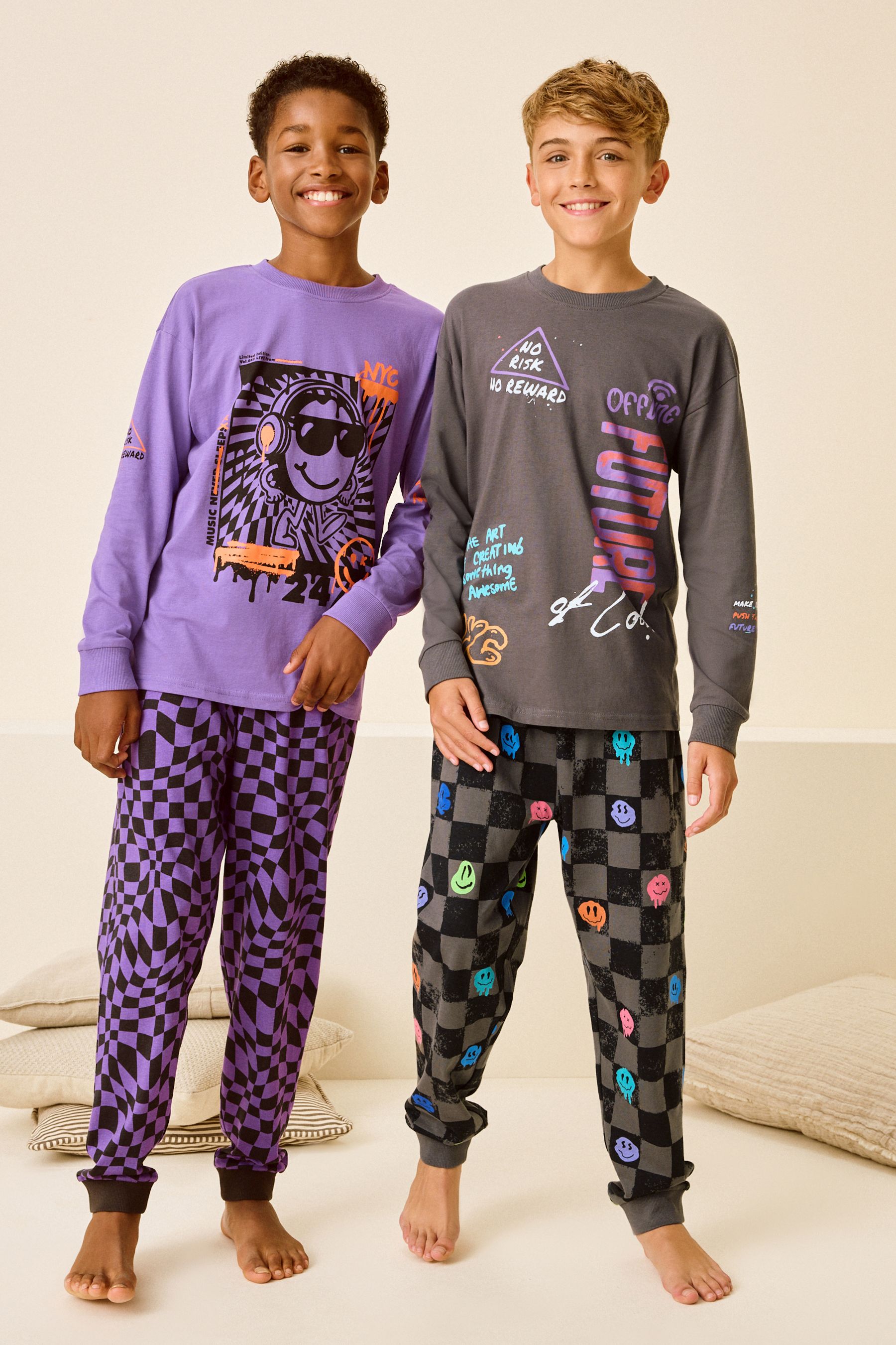 Buy Black Purple Smile Checkerboard 2 Pack 100 Cotton Long Sleeve Pyjamas 3 16yrs from the Next UK online shop