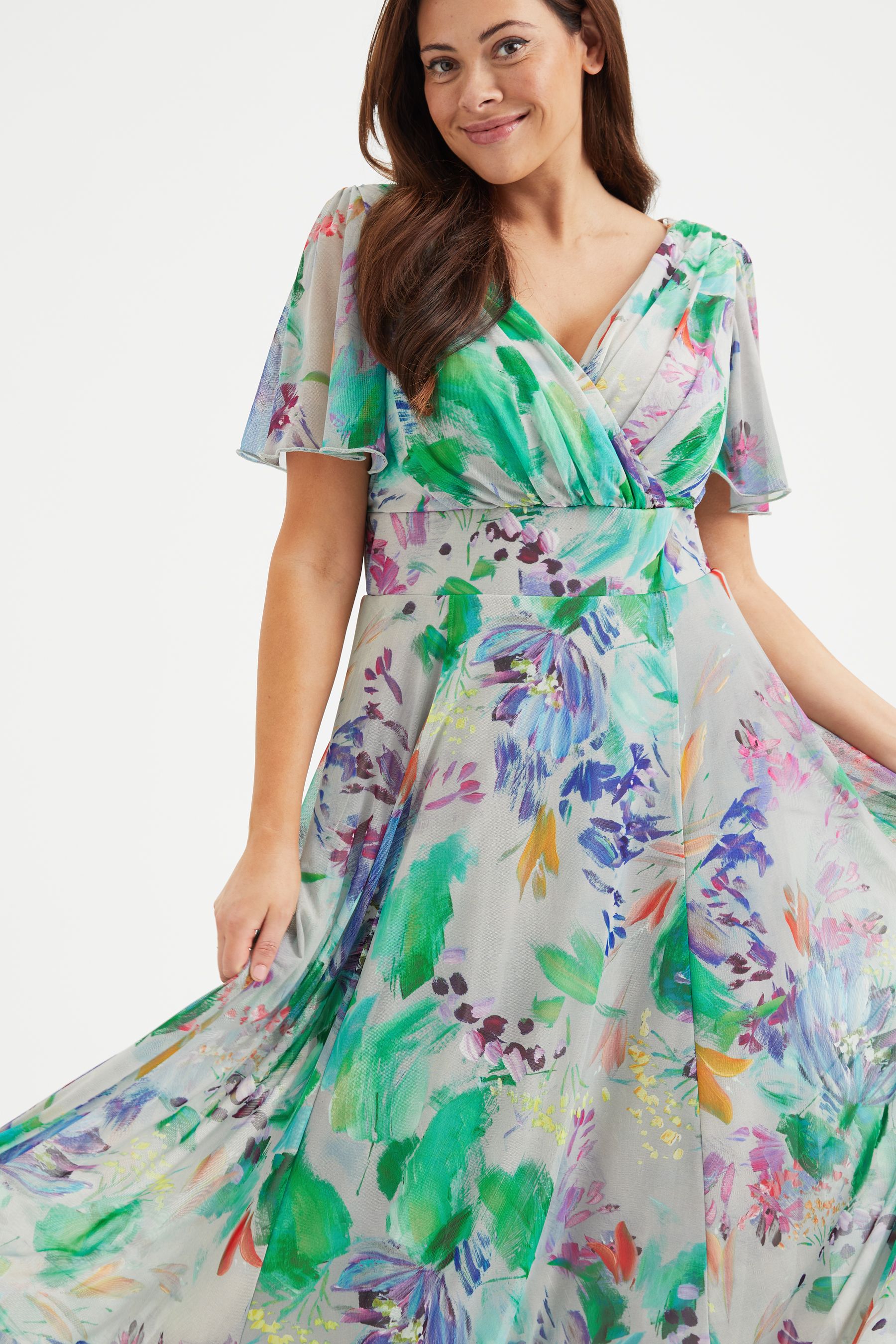 Scarlett Jo Green Purple Multi Floral Isabelle Angel Sleeve Maxi Dress