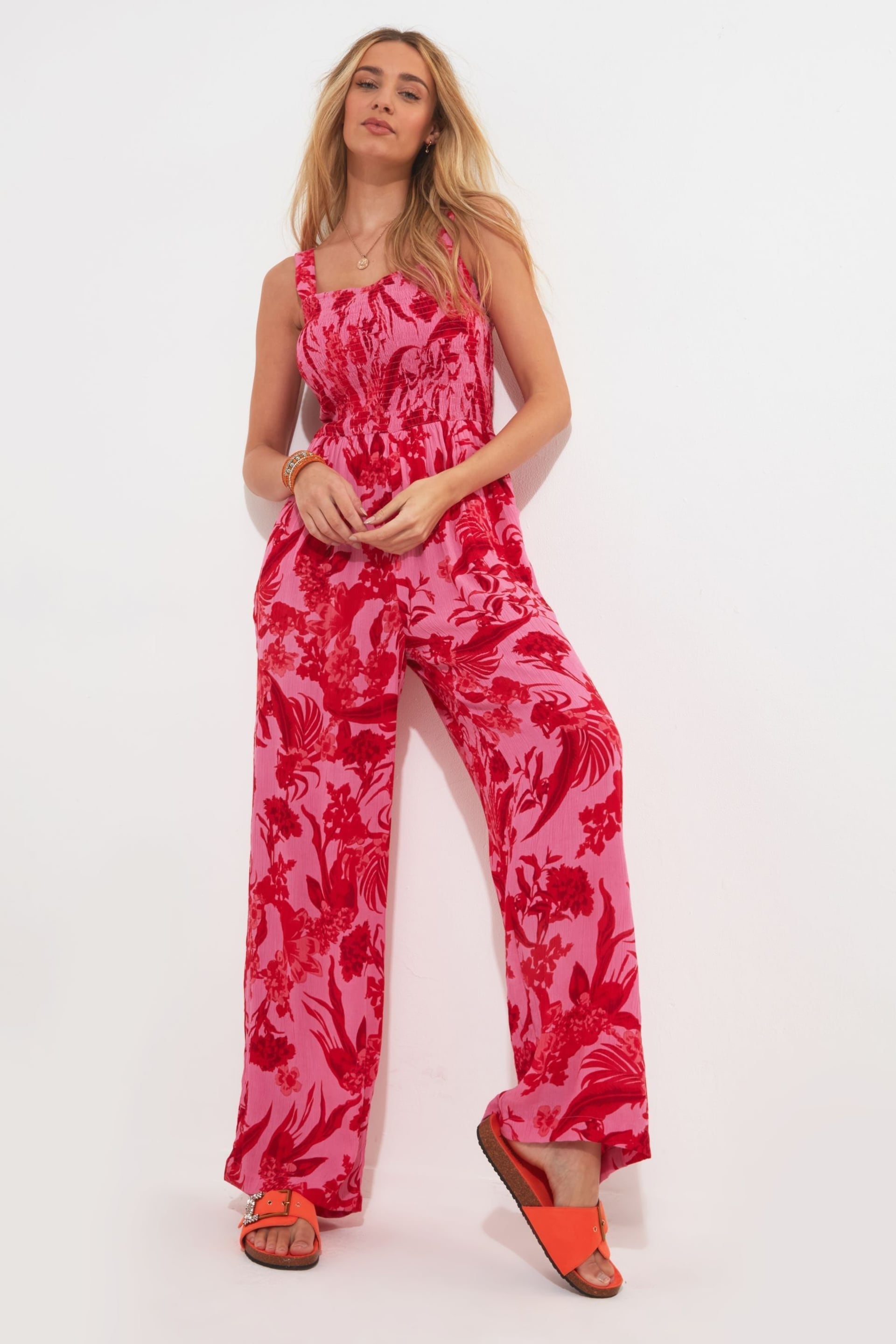 Joe Browns Pink Bright Blossom Shirred Wide Leg Jumpsuit - Image 2 of 6