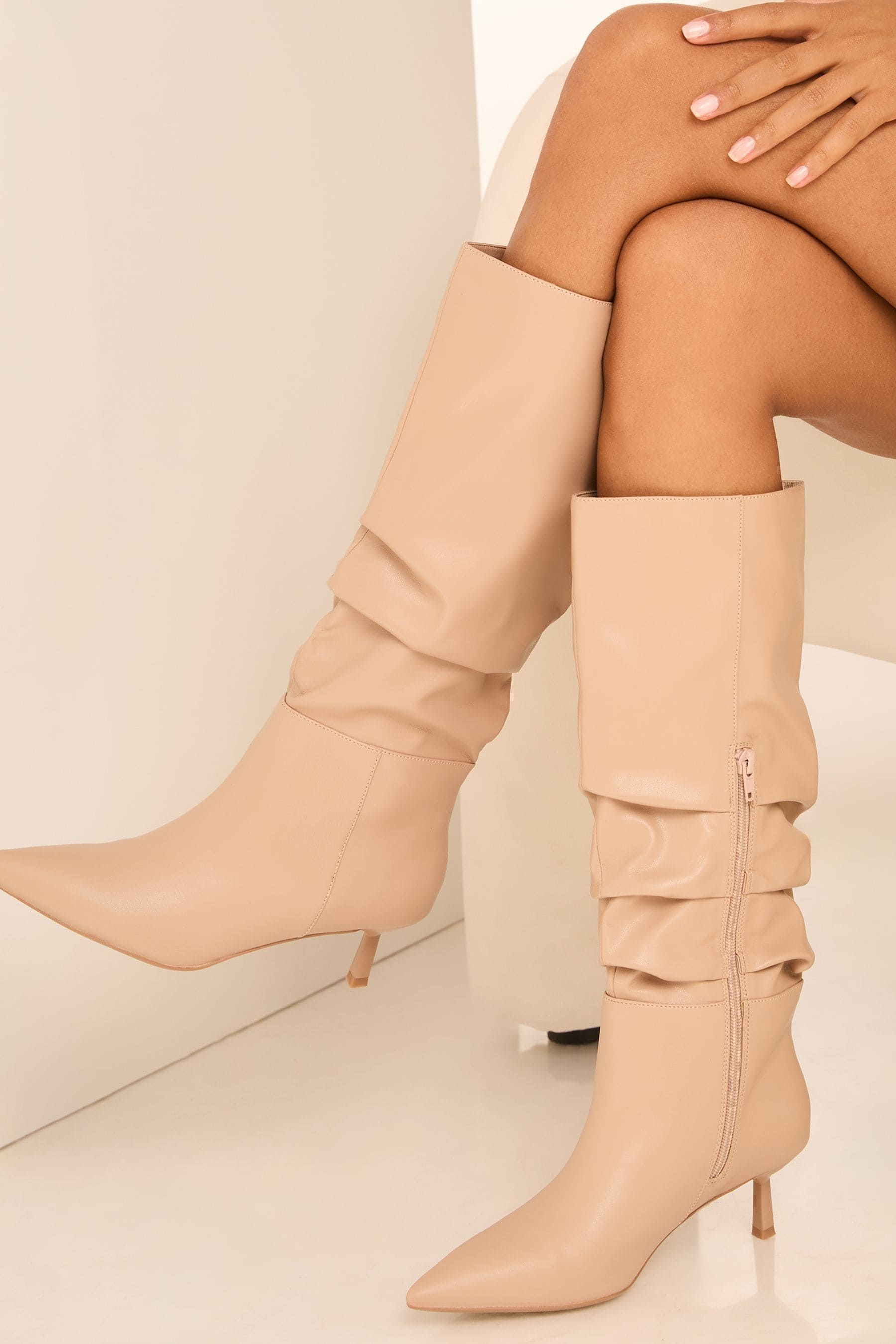 Buy Lipsy Nude Standard Fit Kitten Heel Faux Leather Ruched Long Knee High Boot from the Next UK online shop