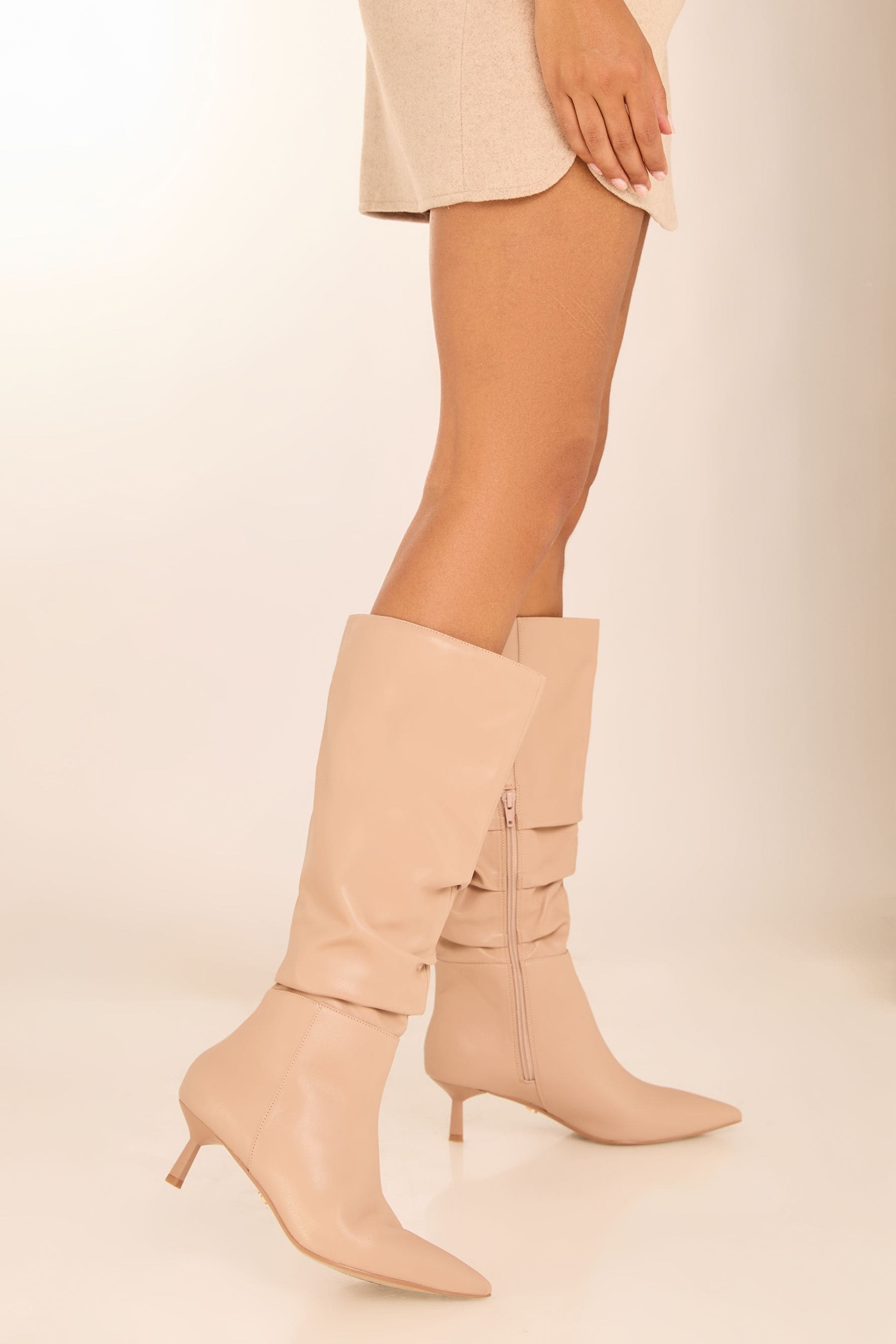 Lipsy Kitten Heel Faux Leather Ruched Long Knee High Boot from Next Oman