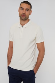 Threadbare Ecru Geometric Print Zip Collar Cotton Jersey Polo Shirt - Image 7 of 8