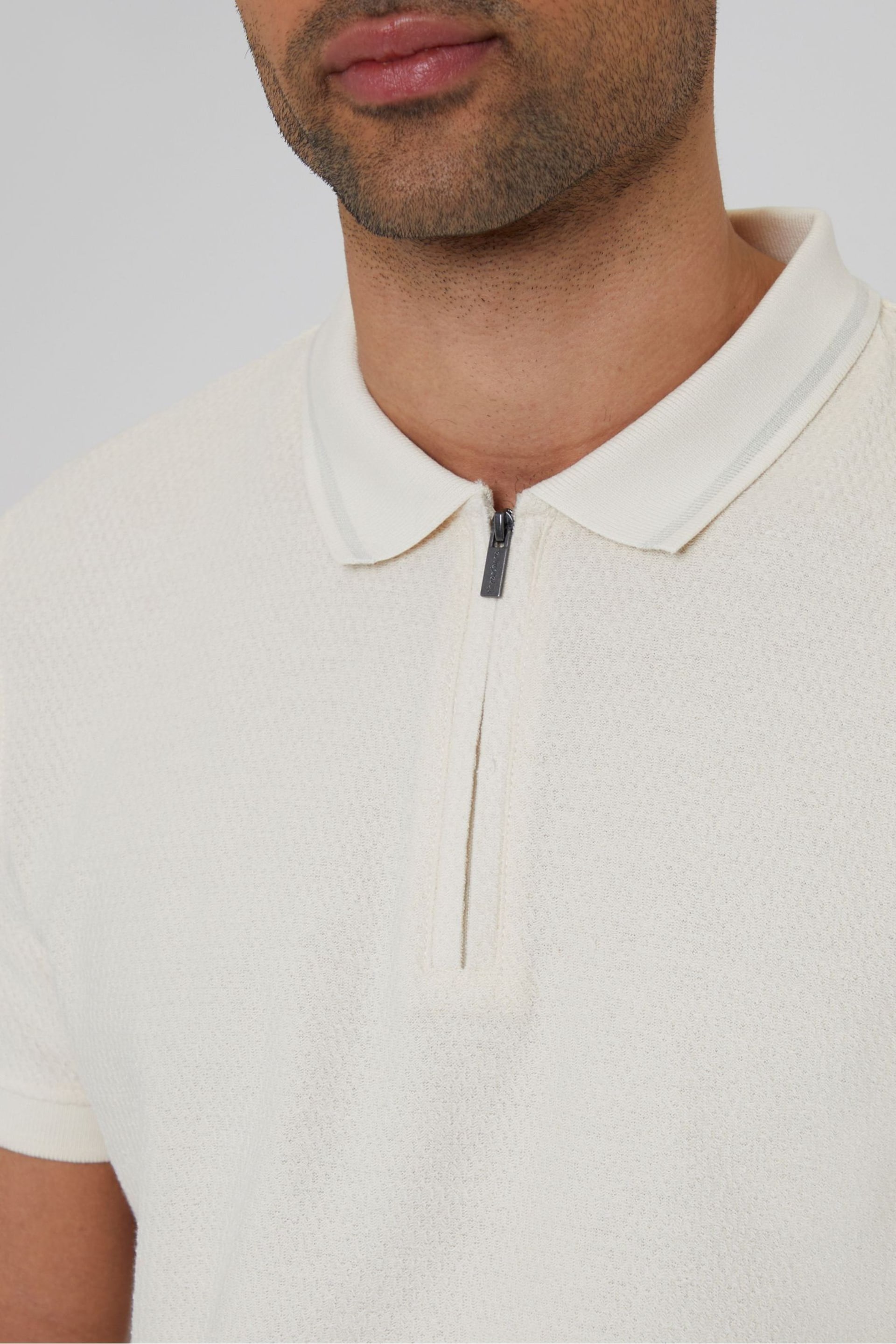 Threadbare Ecru Geometric Print Zip Collar Cotton Jersey Polo Shirt - Image 8 of 8
