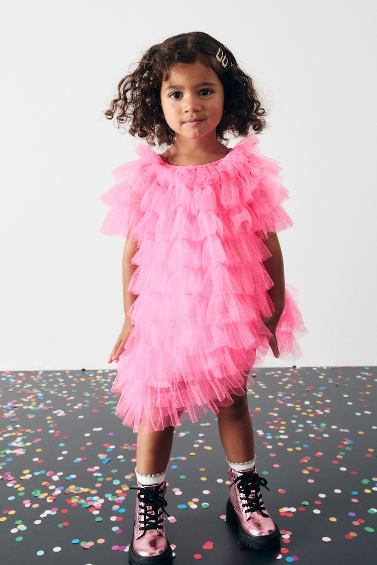 Bright Pink Sparkle Ruffle Mesh Dress (3mths-8yrs) - Image 1 of 9