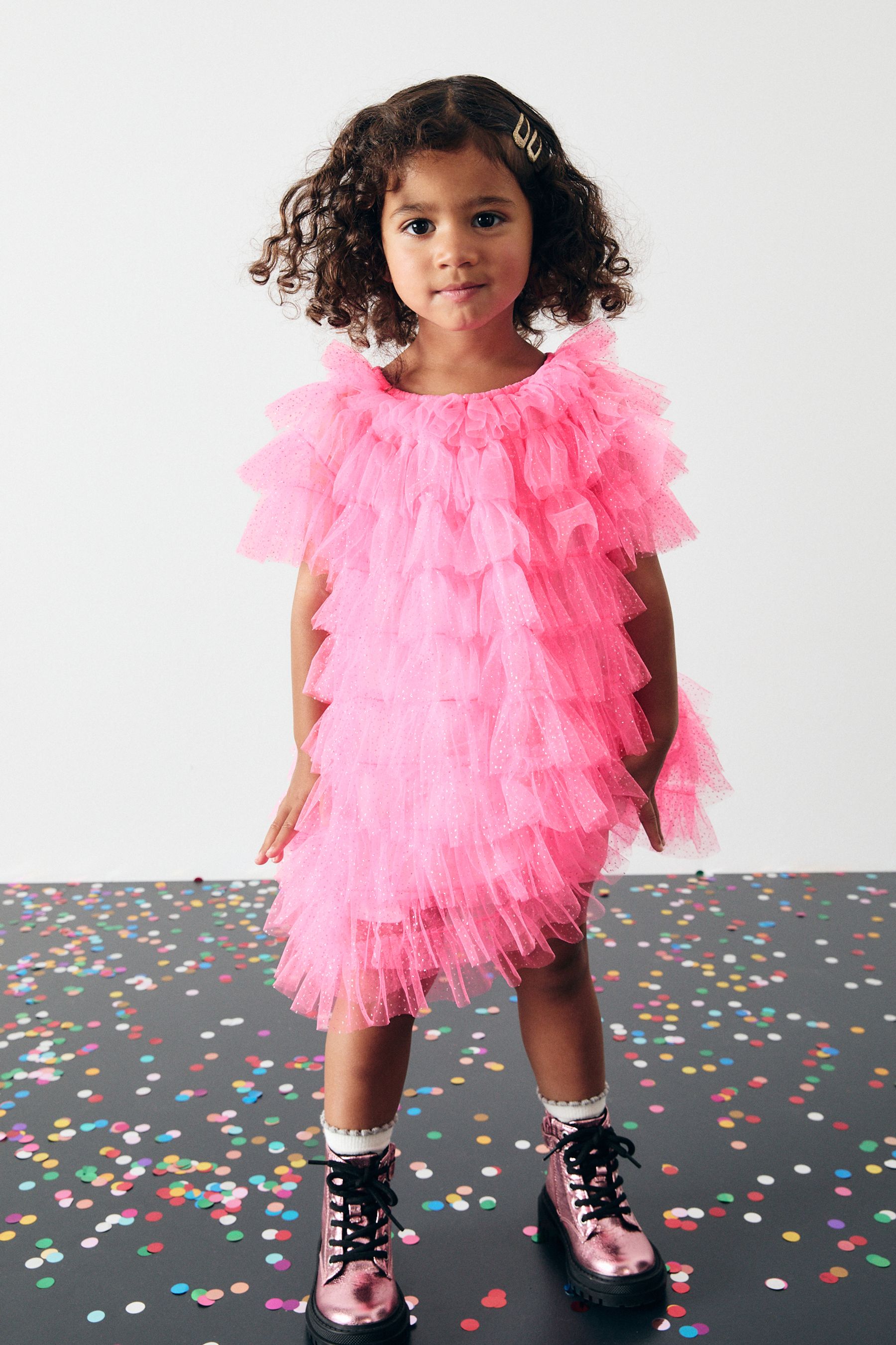 Bright Pink Sparkle Ruffle Mesh Dress 3mths 8yrs