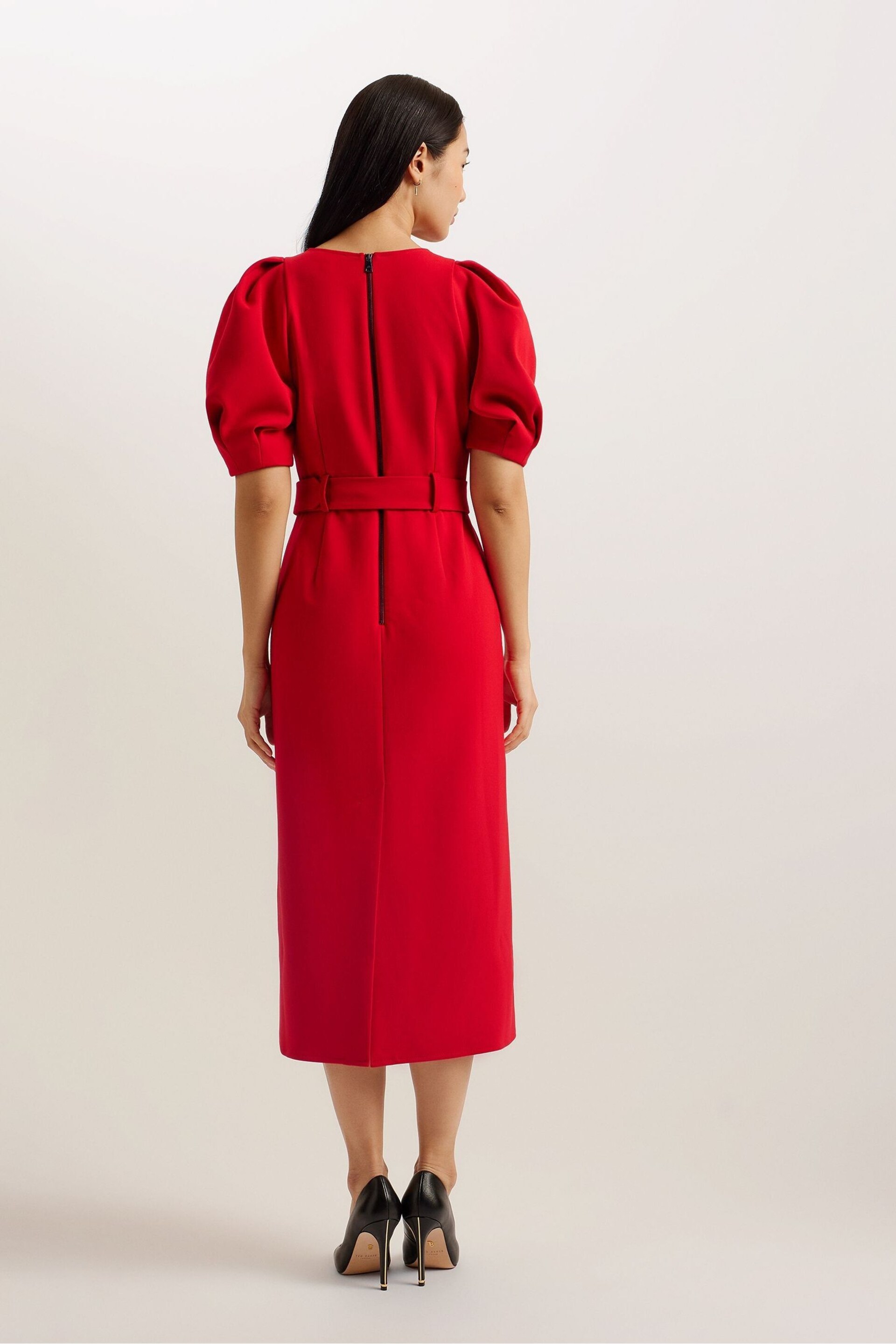 Ted Baker Red Gabyela Puff Sleeve Midi Dress With Belt - Image 4 of 5