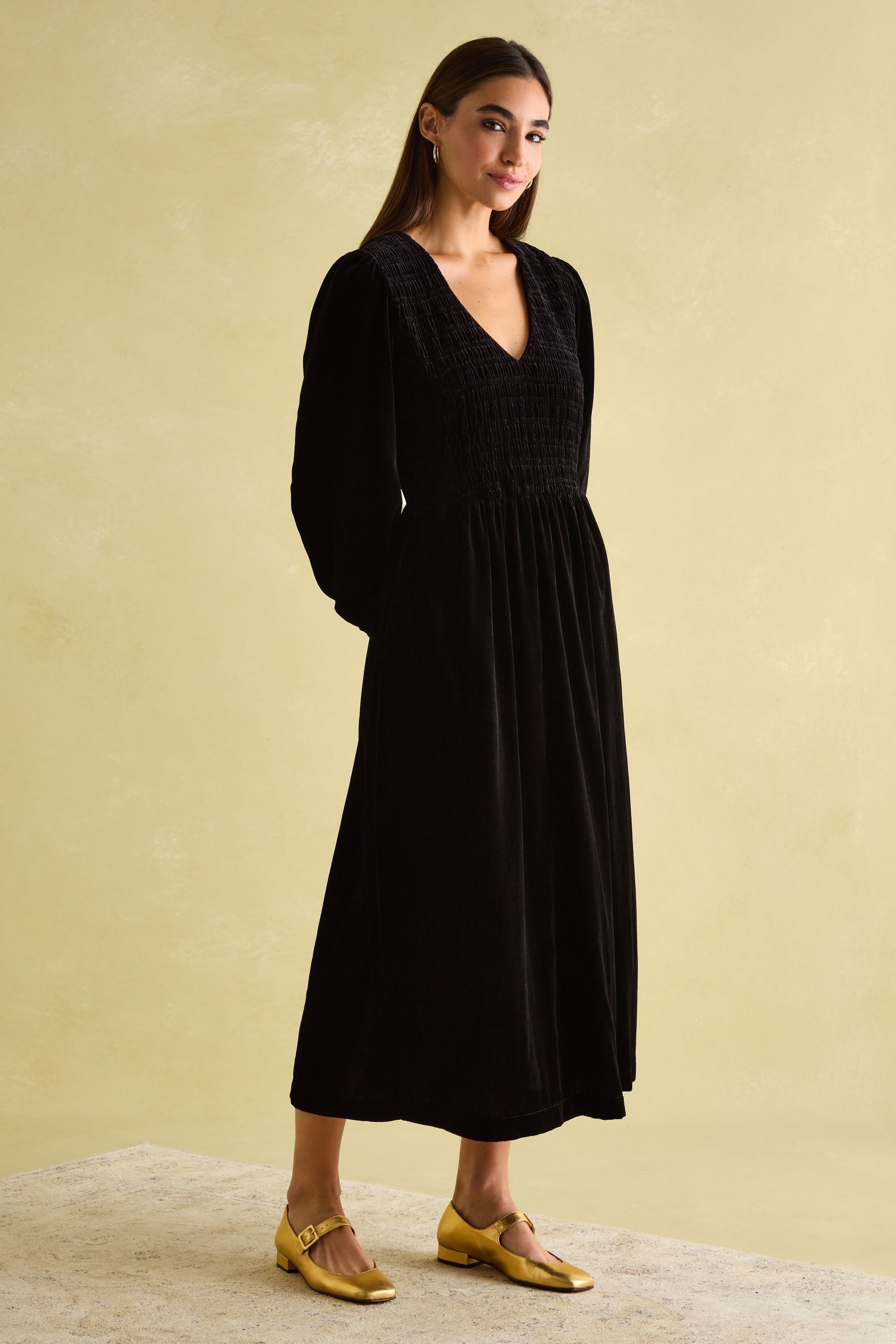 Buy Joules Vanessa Black Velvet Shirred Dress from Next Kuwait
