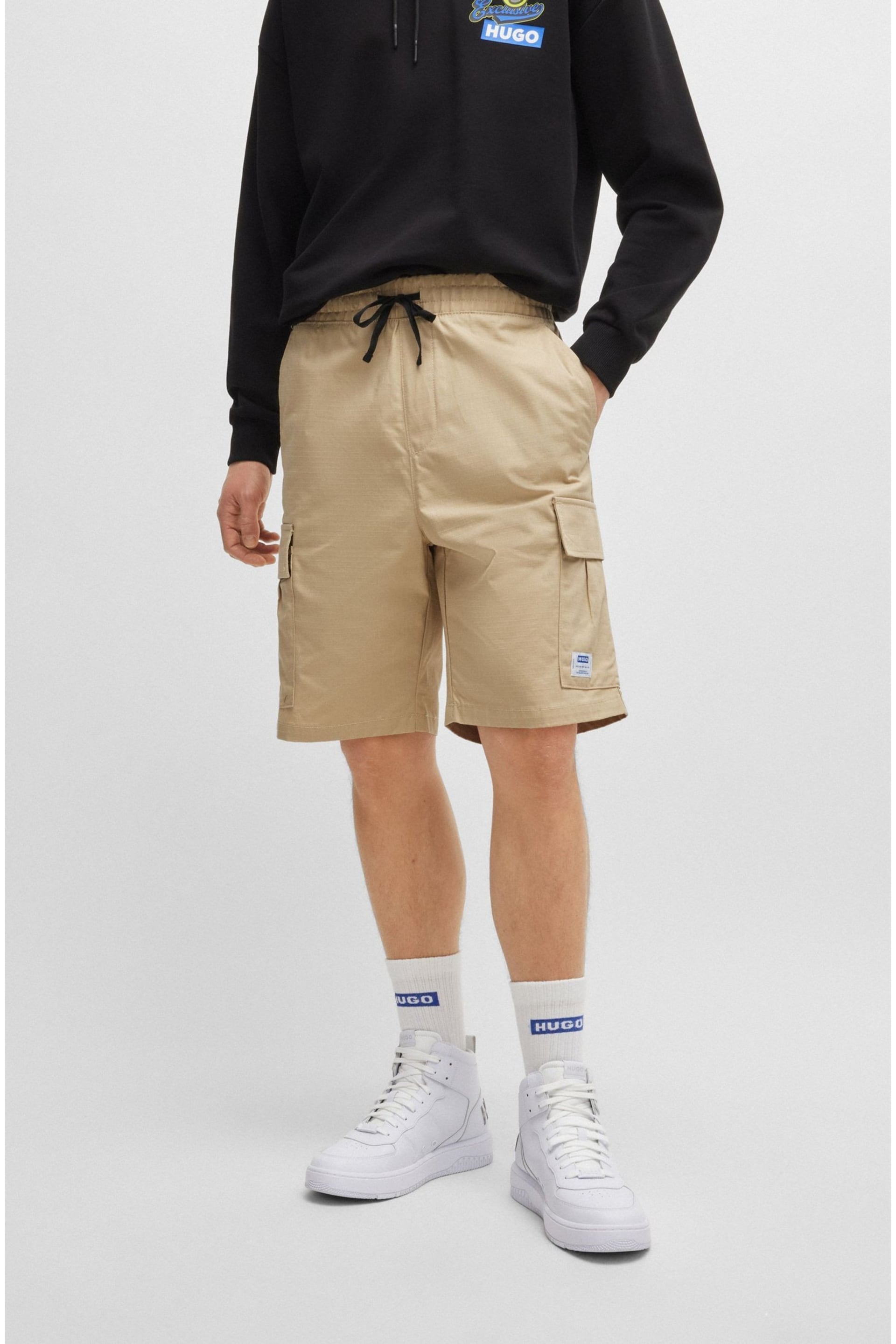 HUGO Brown Logo Patch Cotton Drawstrong Shorts - Image 3 of 5