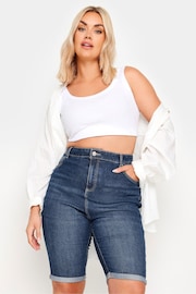 Yours Curve Blue Mid Stretch Denim Shorts - Image 1 of 5