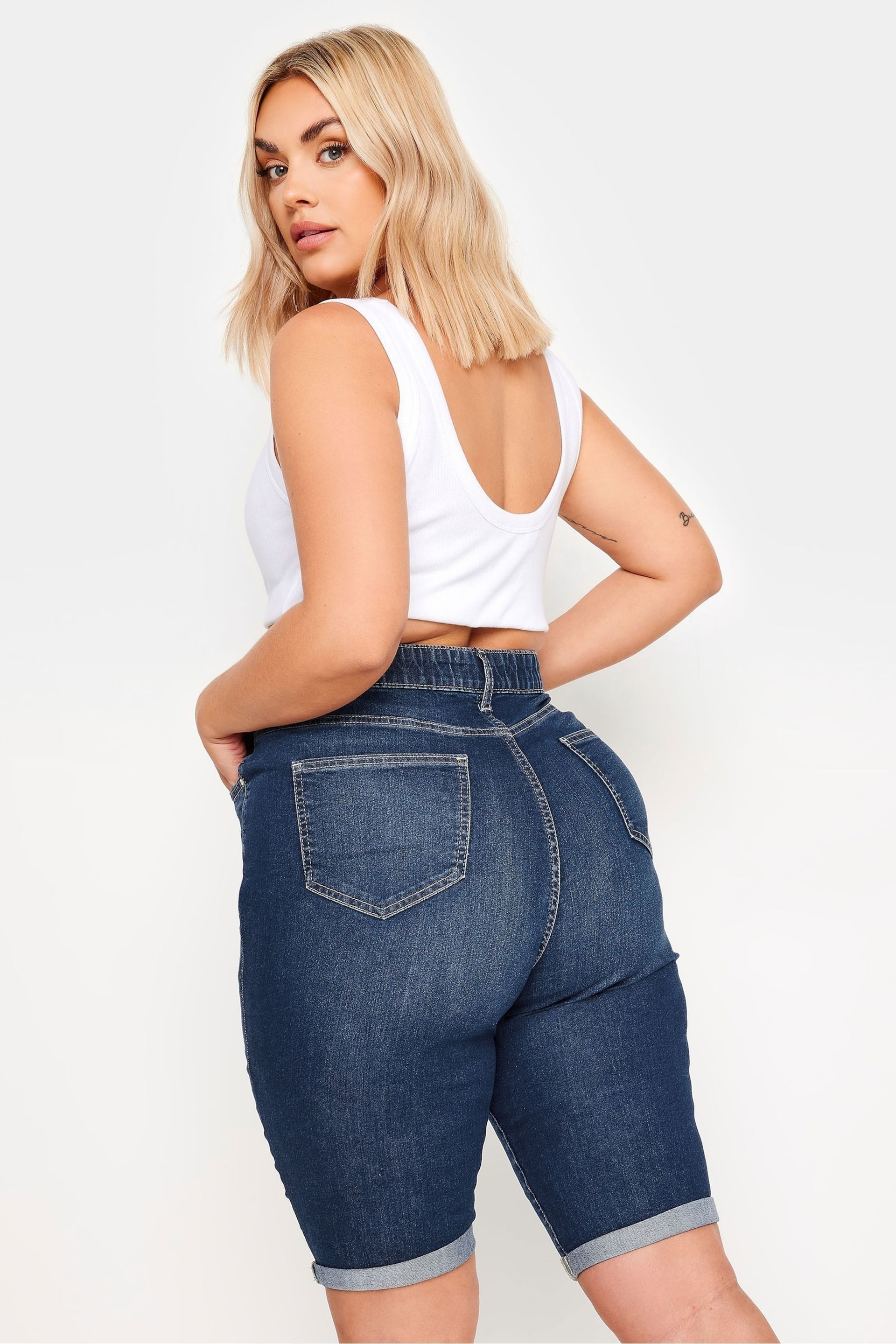 Yours Curve Blue Mid Stretch Denim Shorts - Image 2 of 5