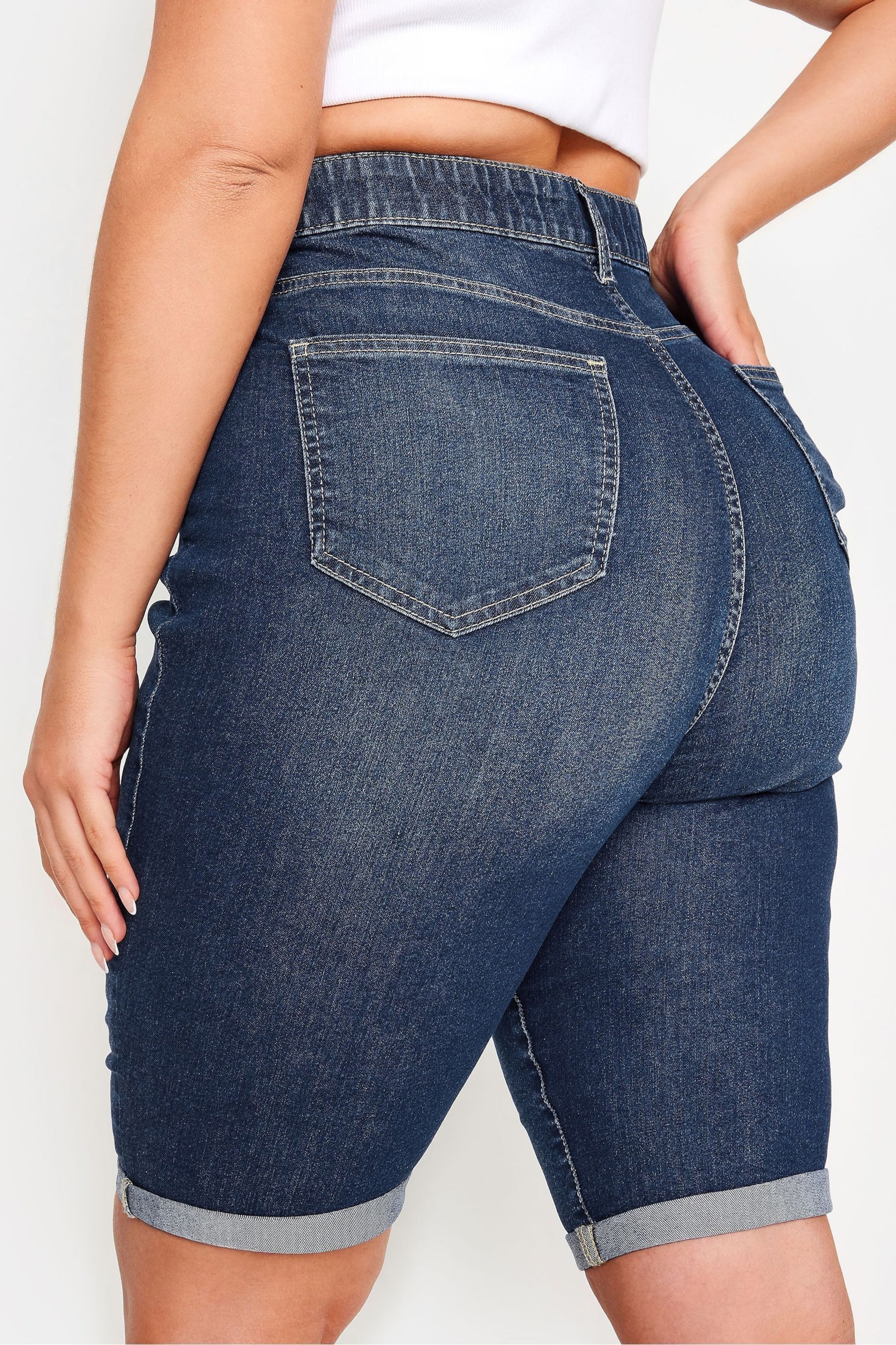 Yours Curve Blue Mid Stretch Denim Shorts - Image 4 of 5