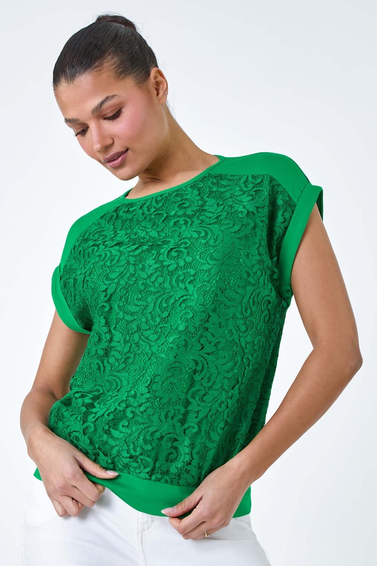 Roman Green Lace Panel Stretch Jersey Top - Image 2 of 5