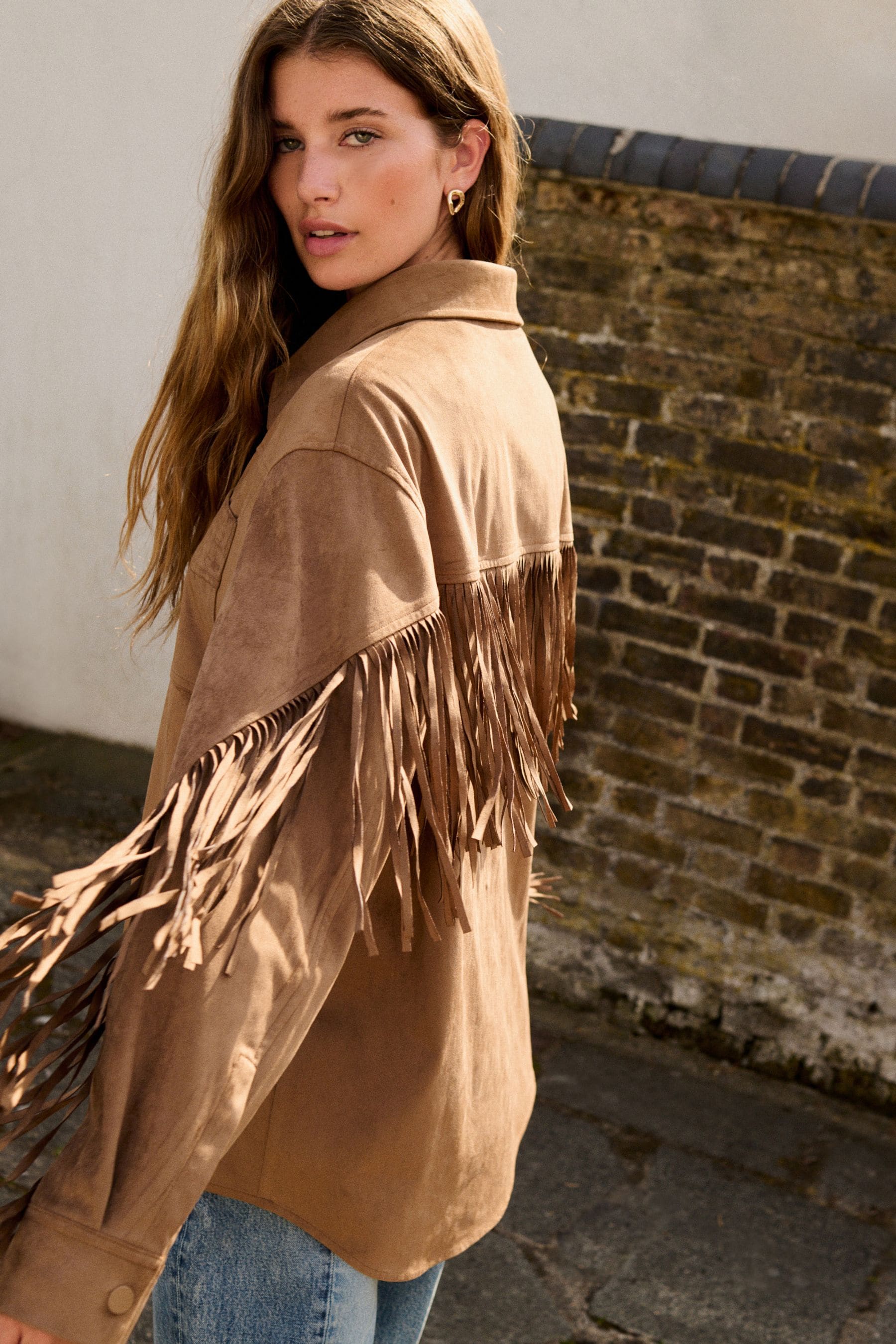 Buy Taupe Brown Faux Suede Tassel Fringe Jacket from the Next UK online shop