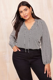 Friends Like These Black/White Long Sleeve Satin Tie Neck Blouse - Image 1 of 4