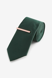 Dark Green Slim Textured Tie And Clip Set - Image 1 of 3