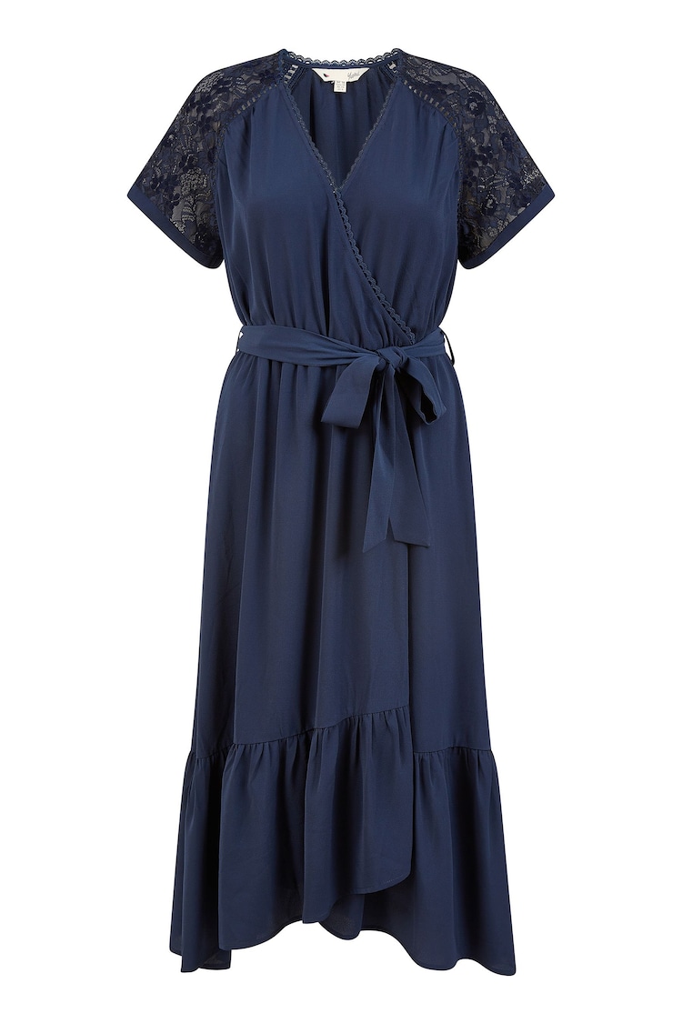 Yumi Blue Lace Sleeve Midi Wrap Over Dress - Image 5 of 5