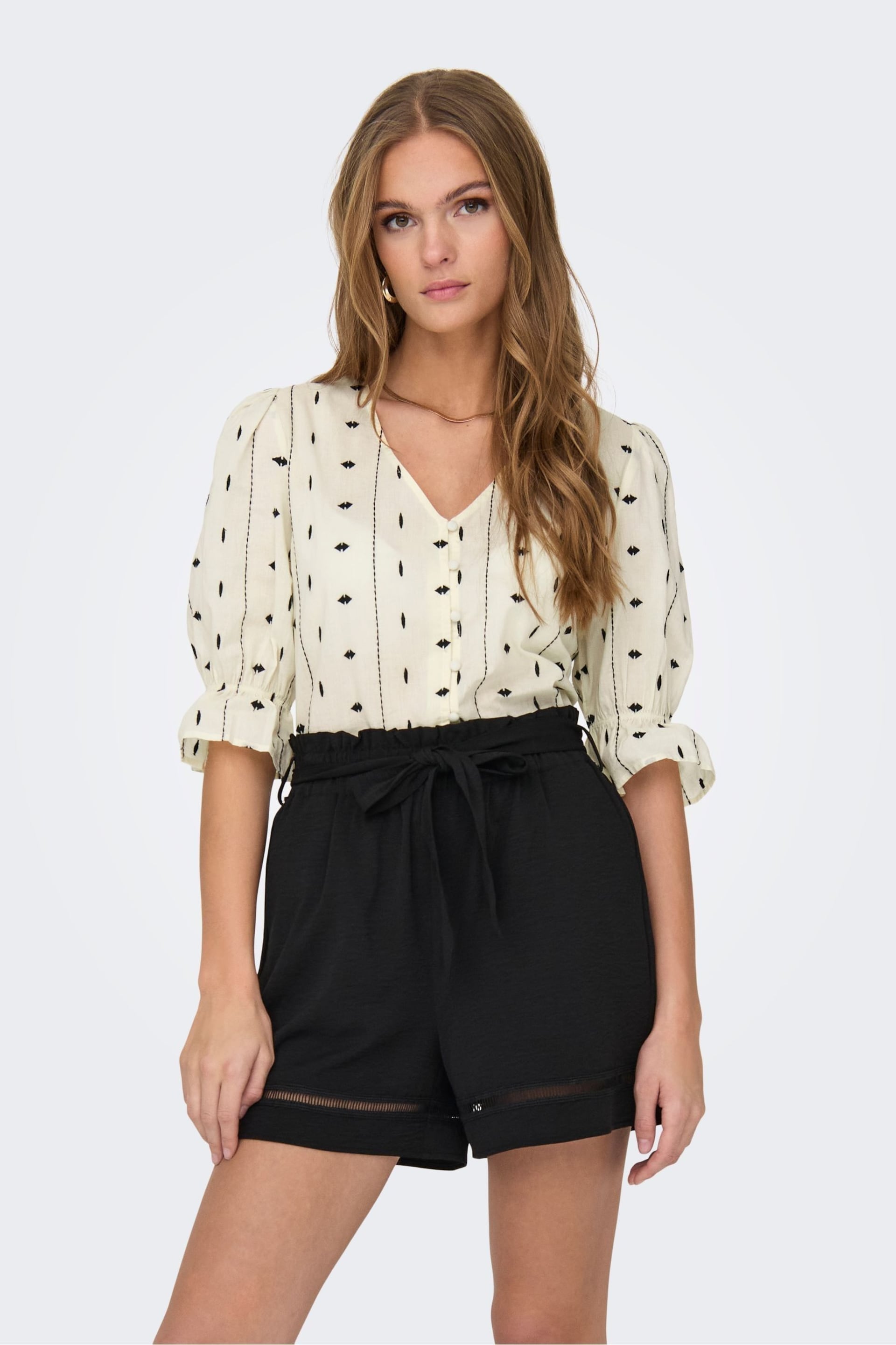 ONLY Cream Embroidered Short Sleeve Button Up Blouse - Image 3 of 8