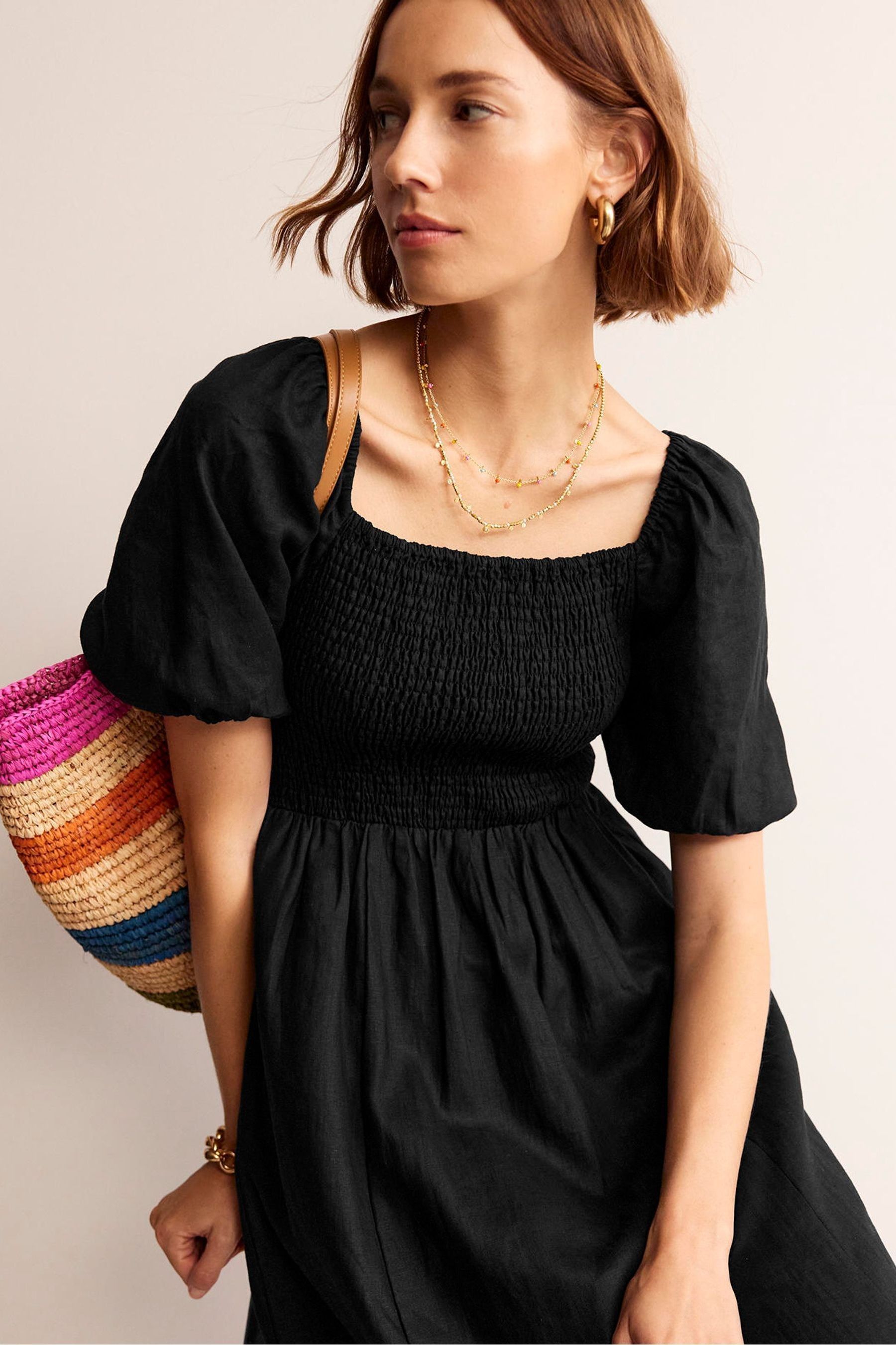 Boden Black Sky Smocked 100 Linen Midi Dress