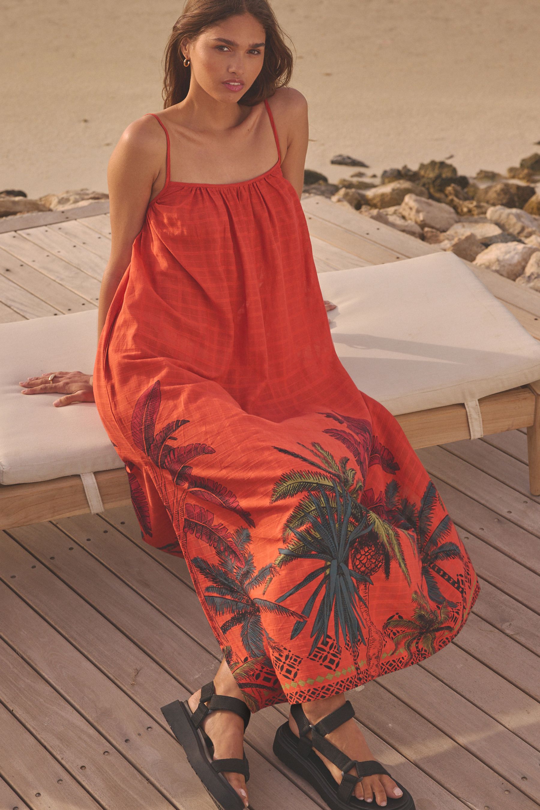 Coral Red 100 Cotton Maxi Summer Dress