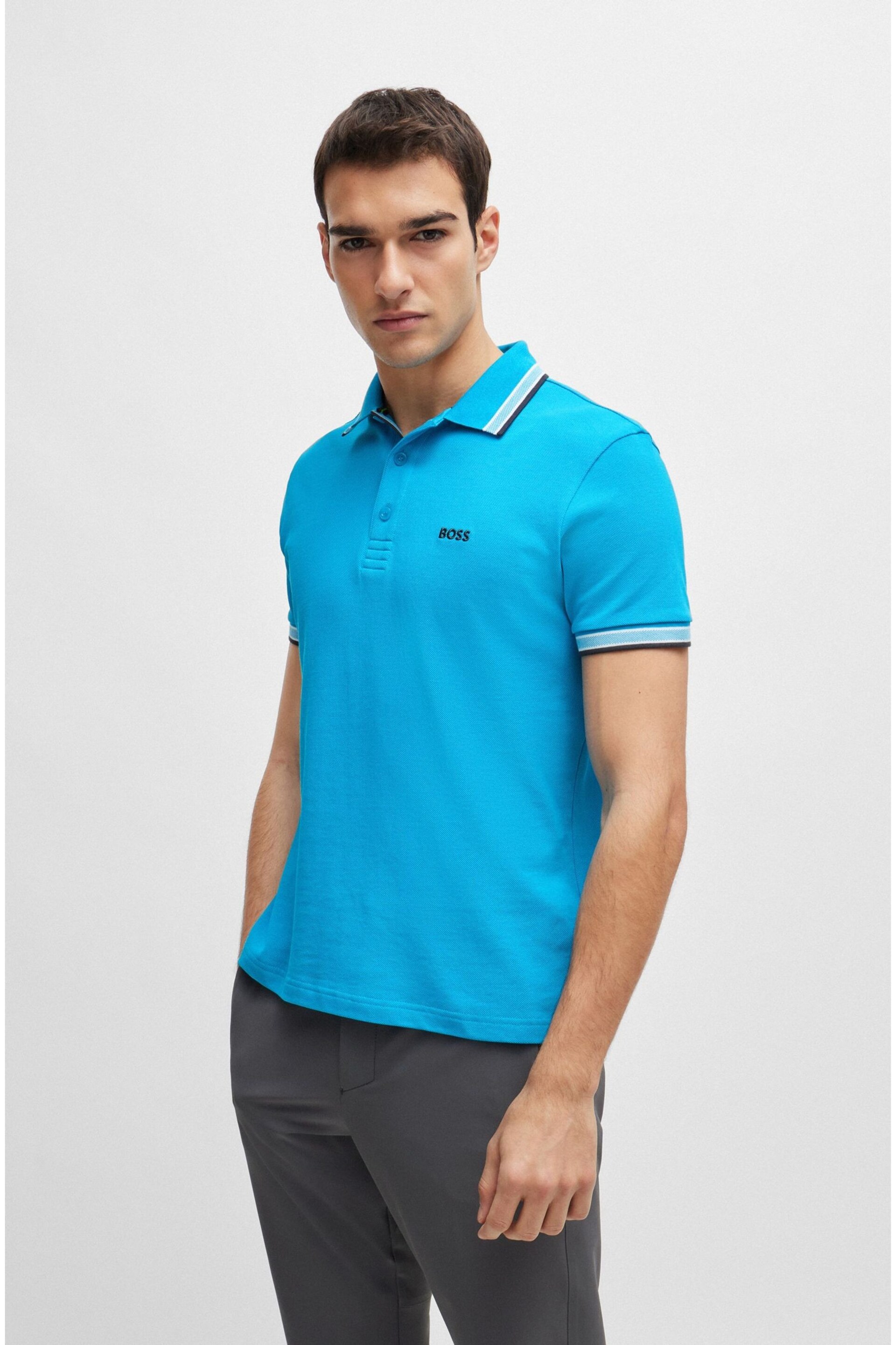 BOSS Blue Chrome Cotton Polo Shirt With Contrast Logo Details - Image 1 of 5