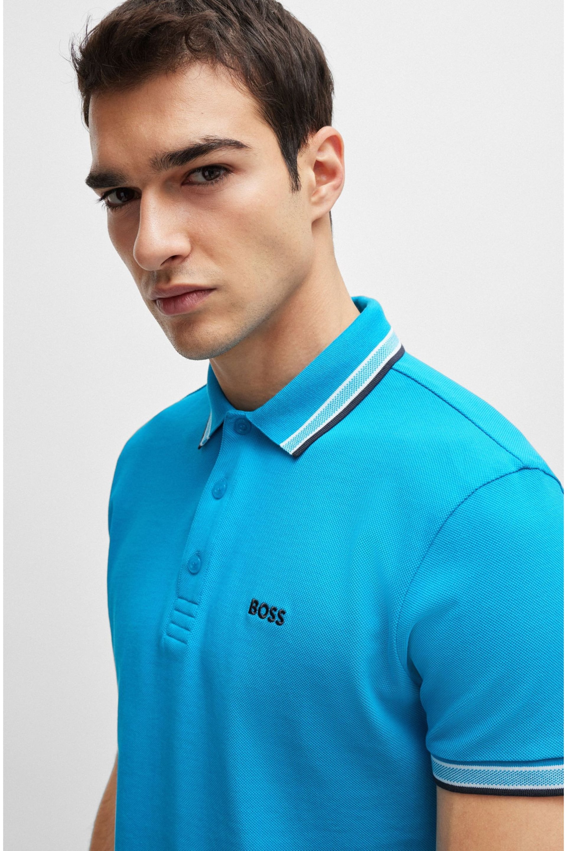BOSS Blue Chrome Cotton Polo Shirt With Contrast Logo Details - Image 4 of 5