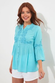 Joe Browns Blue Embroidered Button Down Collarless Blouse - Image 1 of 4