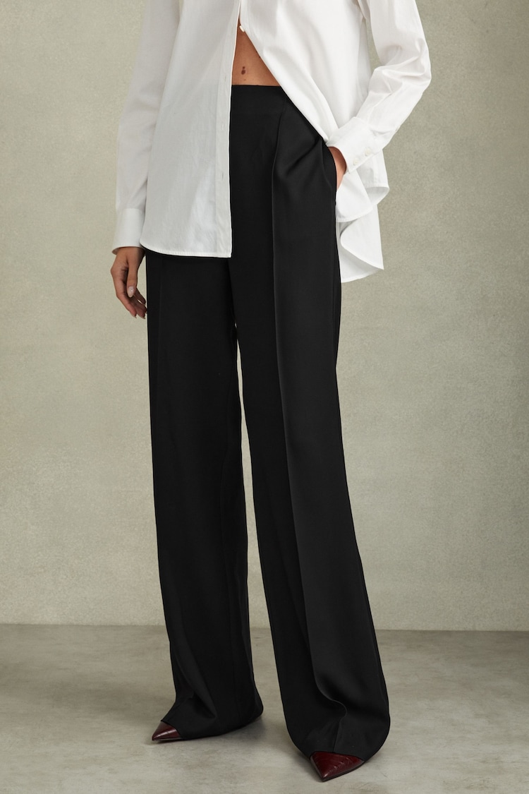 Reiss Black Tansey Petite Fluid Wide Leg Trousers - Image 1 of 7