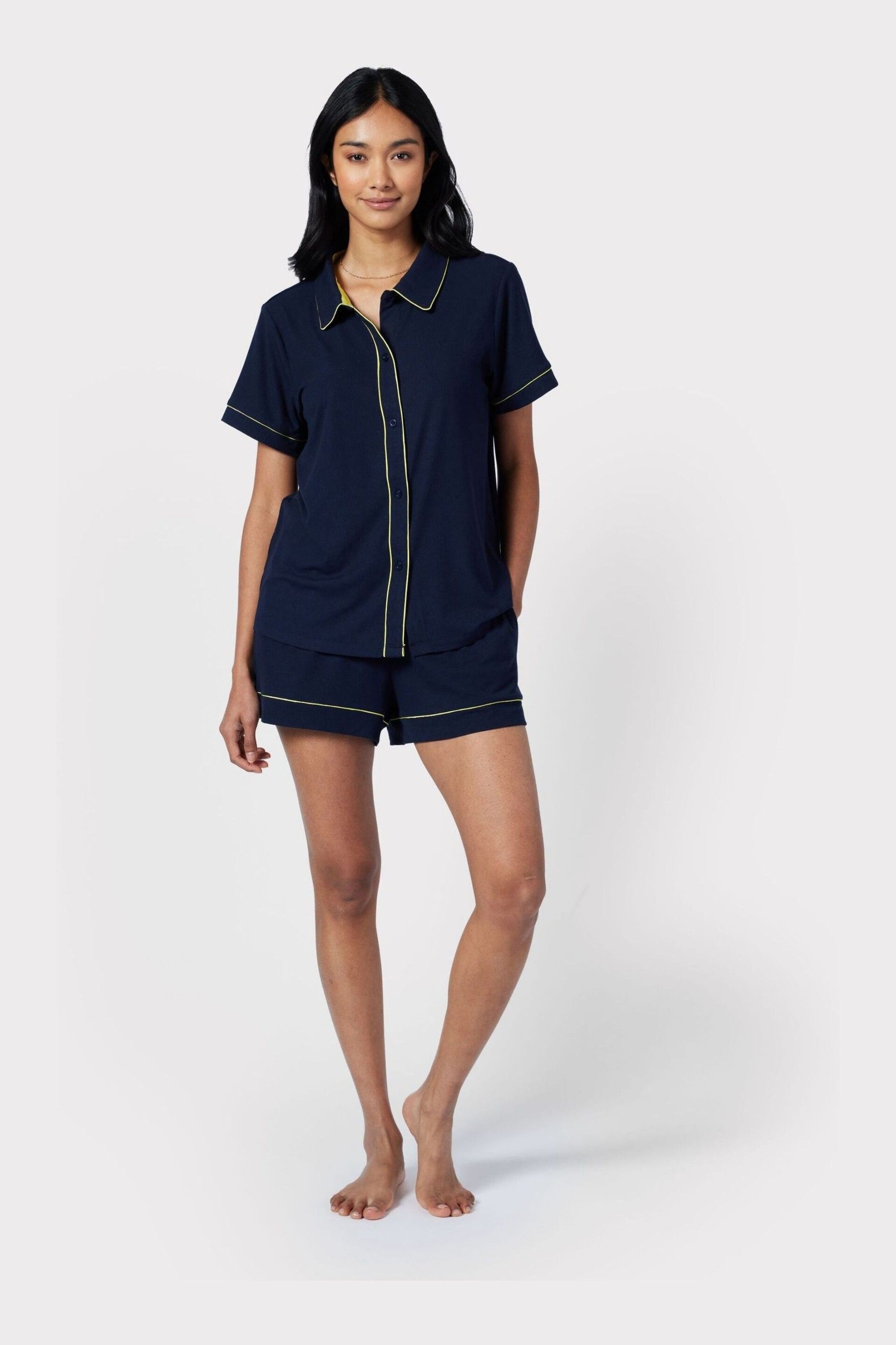 Chelsea Peers Navy Ribbed Short Button Up Pyjama Set - Image 1 of 5