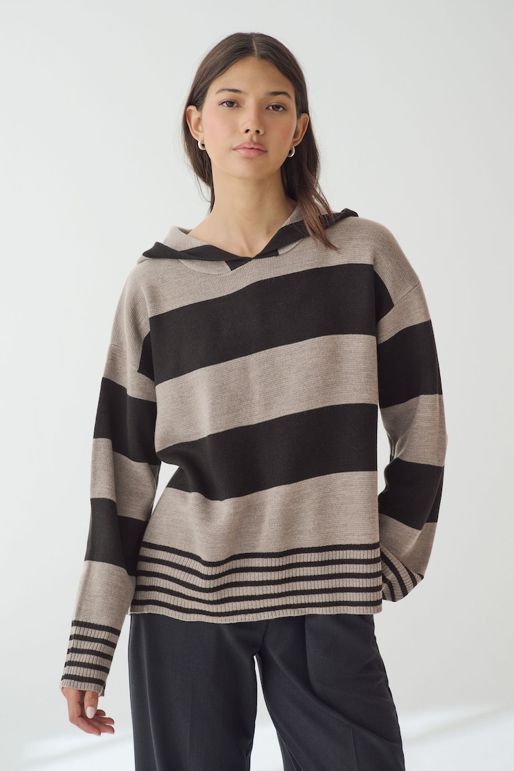 Multi Stripe Cosy Soft Touch Knitted Jumper Hoodie - Image 1 of 8