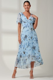 Jolie Moi Light Blue Floral Pleated Dip Hem Chiffon Maxi Dress - Image 1 of 6