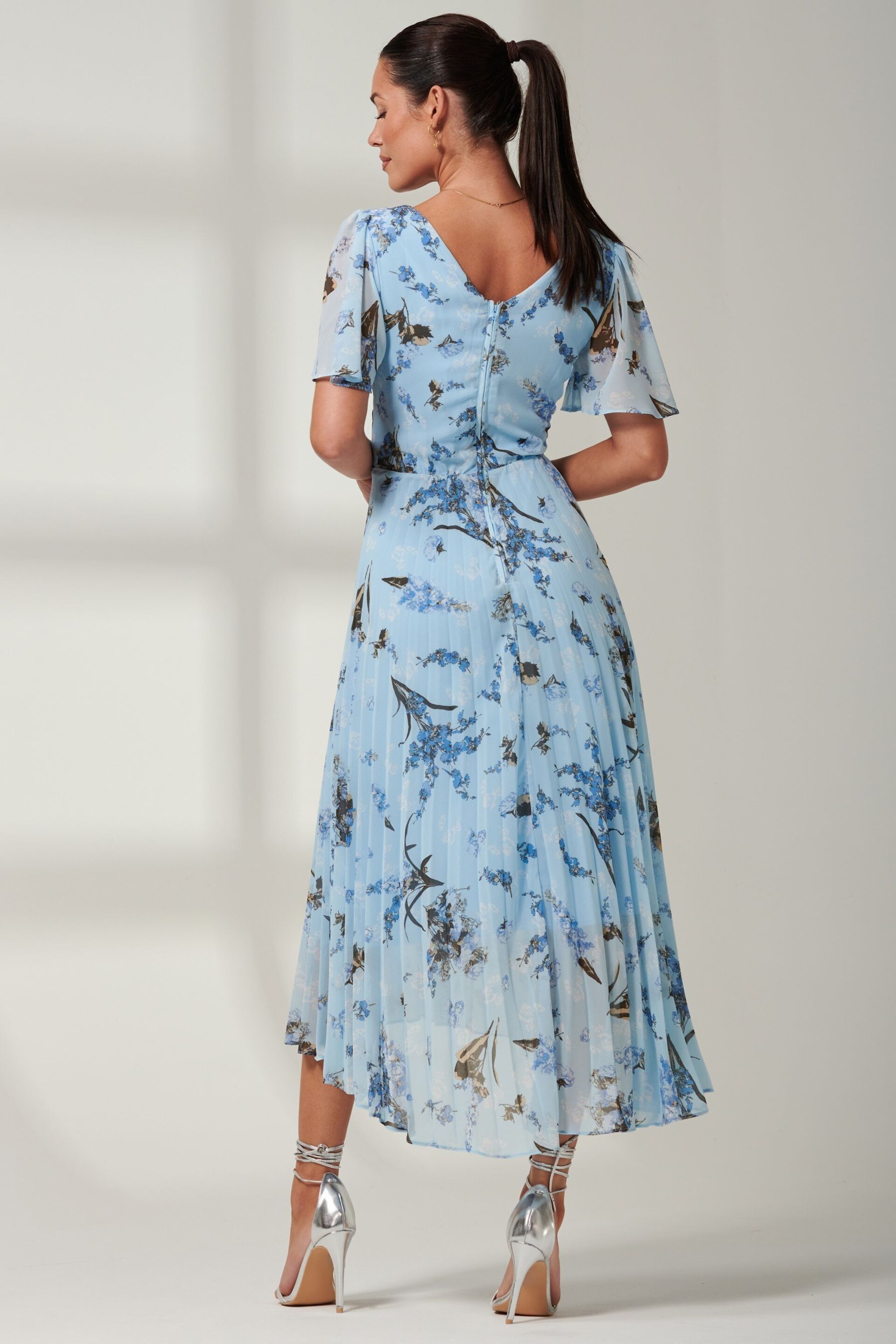 Jolie Moi Light Blue Floral Pleated Dip Hem Chiffon Maxi Dress - Image 2 of 6