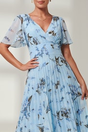 Jolie Moi Light Blue Floral Pleated Dip Hem Chiffon Maxi Dress - Image 3 of 6