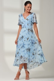 Jolie Moi Light Blue Floral Pleated Dip Hem Chiffon Maxi Dress - Image 4 of 6