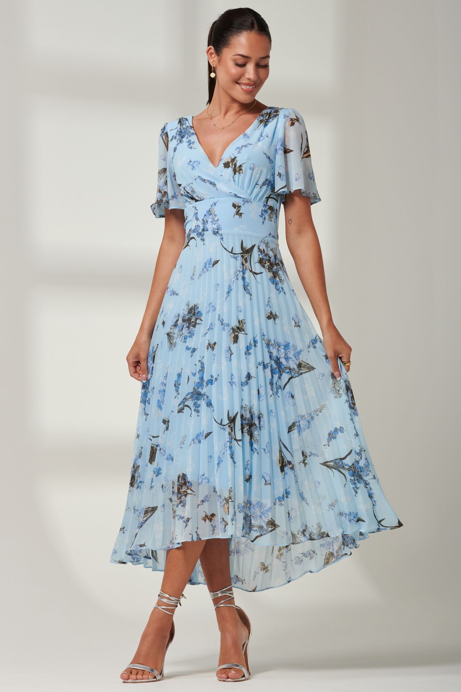 Jolie Moi Light Blue Floral Pleated Dip Hem Chiffon Maxi Dress - Image 4 of 6