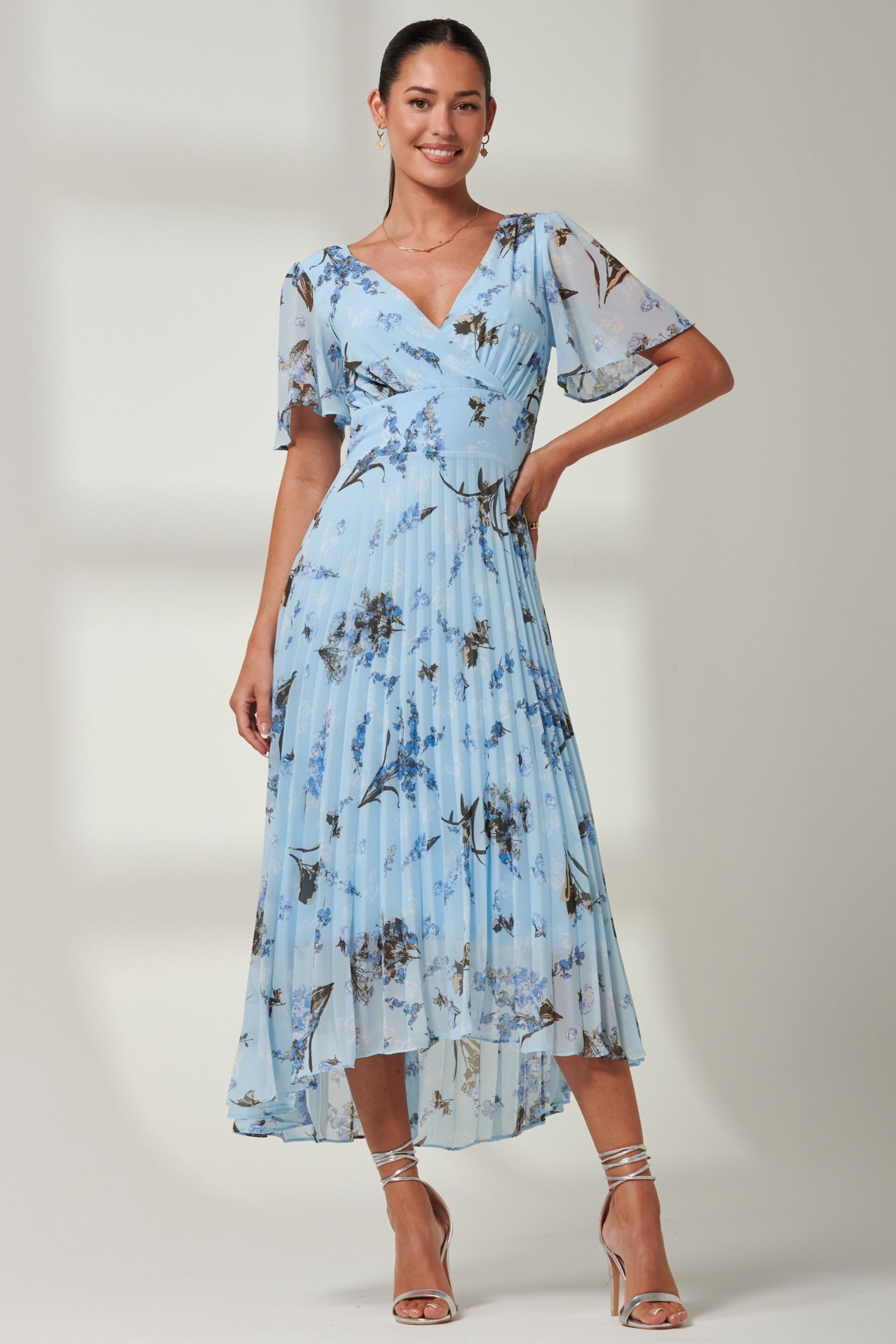 Jolie Moi Light Blue Floral Pleated Dip Hem Chiffon Maxi Dress - Image 5 of 6