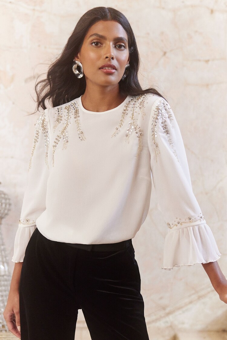 Buy Love & Roses Ivory White Embellished Crew Neck Flute Sleeve Blouse ...
