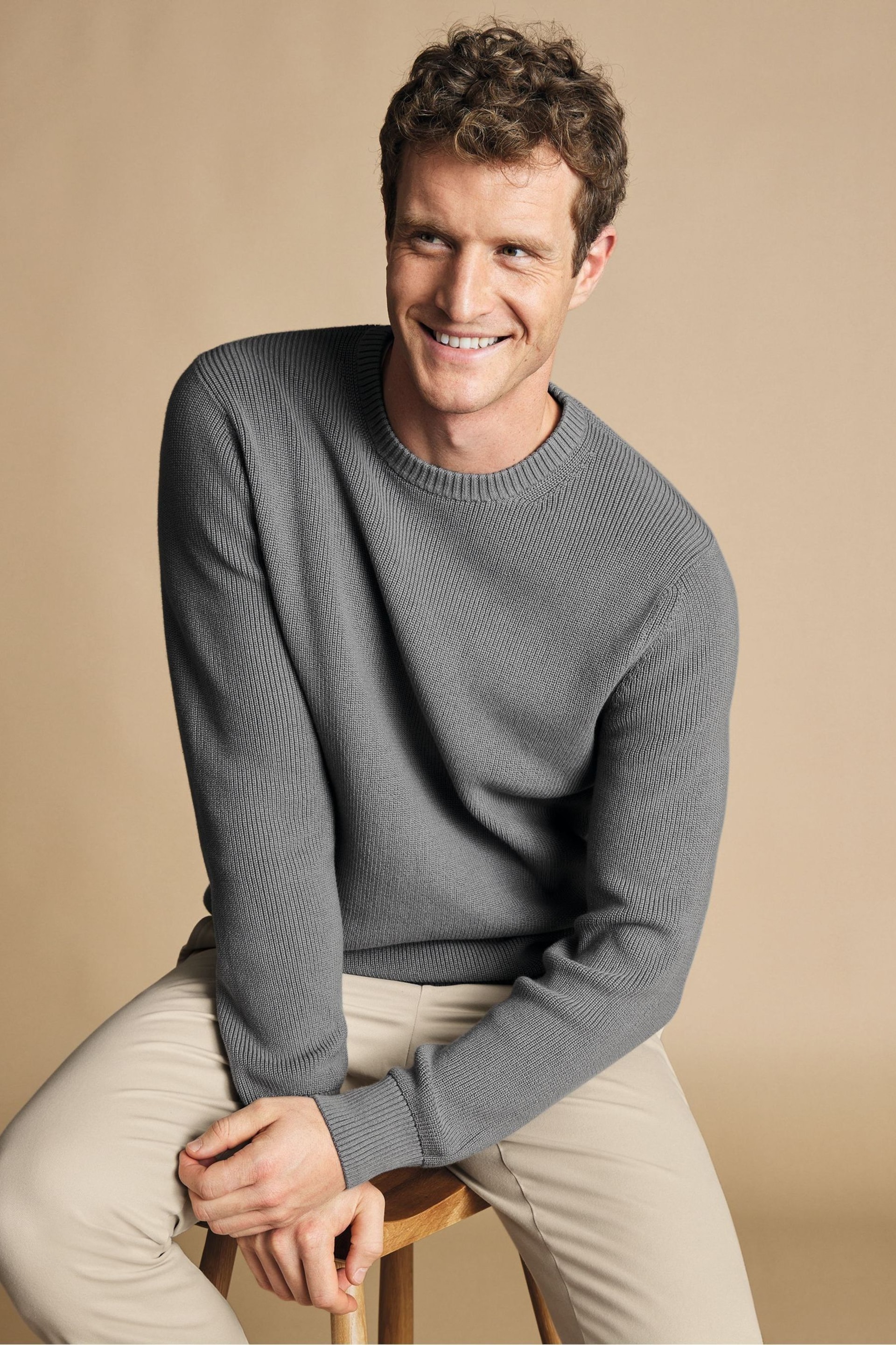 Charles Tyrwhitt Grey Combed Cotton Rib Crew Neck Jumper - Image 1 of 6