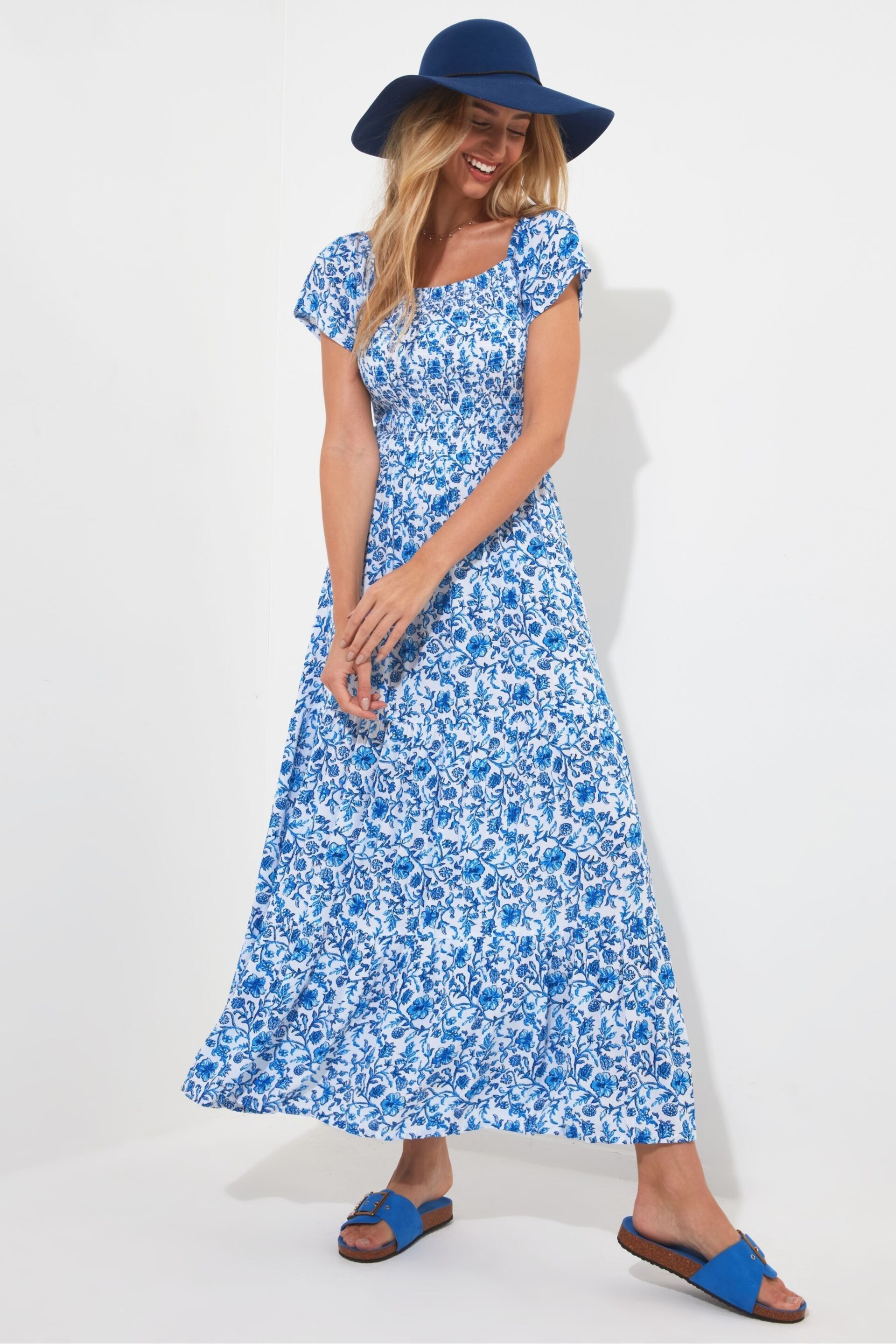 Joe Browns Blue Floral Shirred Waist Short Sleeve Maxi Dress - Image 2 of 5