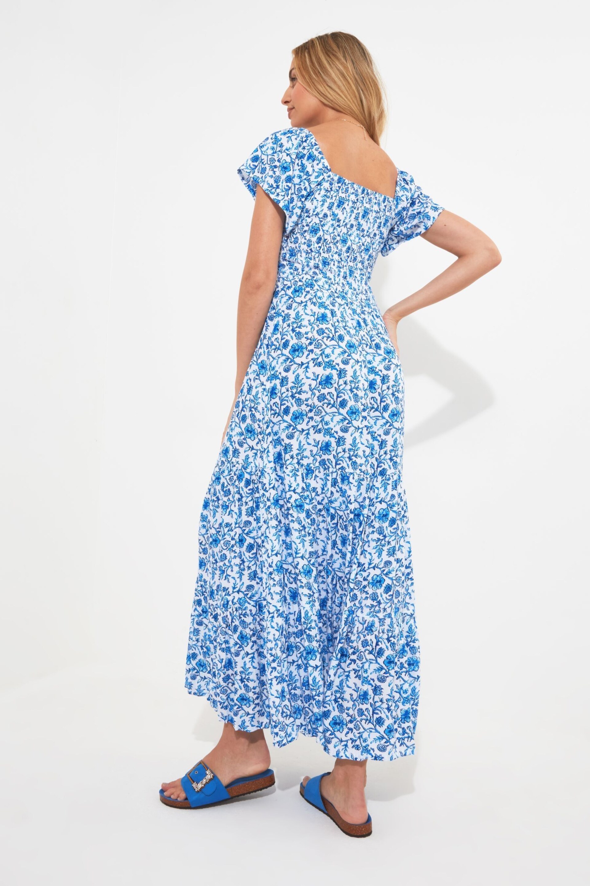 Joe Browns Blue Floral Shirred Waist Short Sleeve Maxi Dress - Image 3 of 5