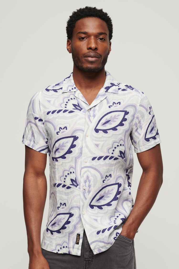 Superdry Grey 100% Cotton Short Sleeve Hawaiian Printed Shirt - Image 1 of 6