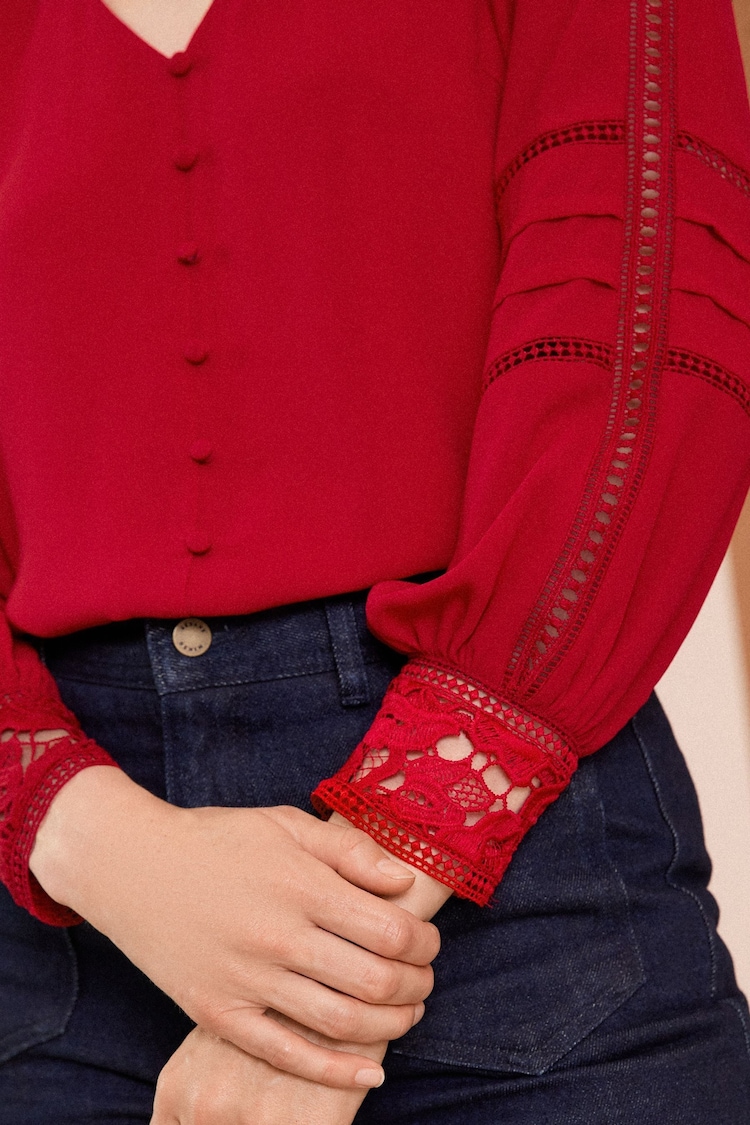 Love & Roses Red Lace Cuff V Neck Blouse - Image 2 of 4